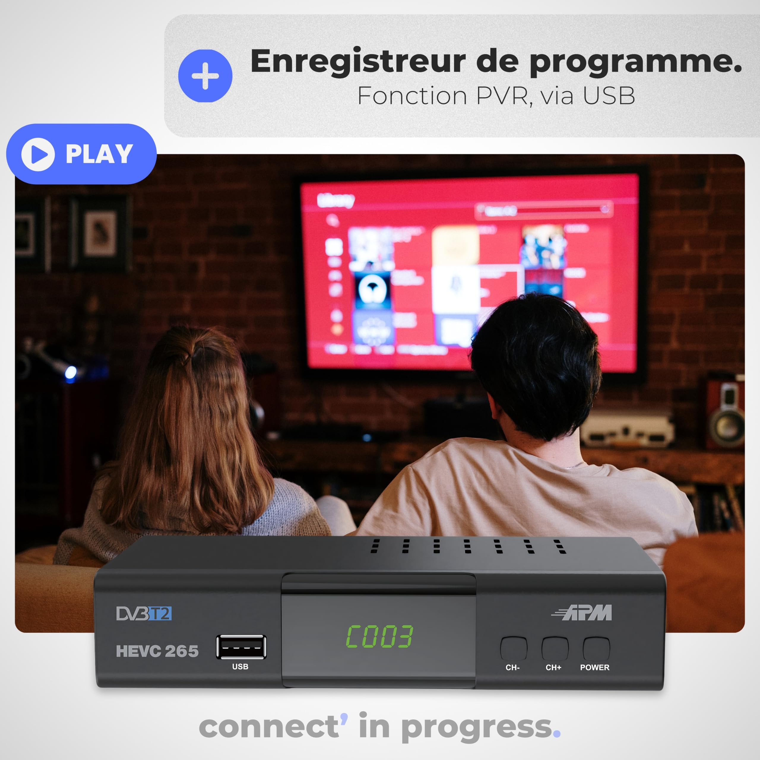 APM Décodeur TNT Full HD 1080p H.265 HEVC DVB-T2 DVB-C HDMI Péritel USB Coax