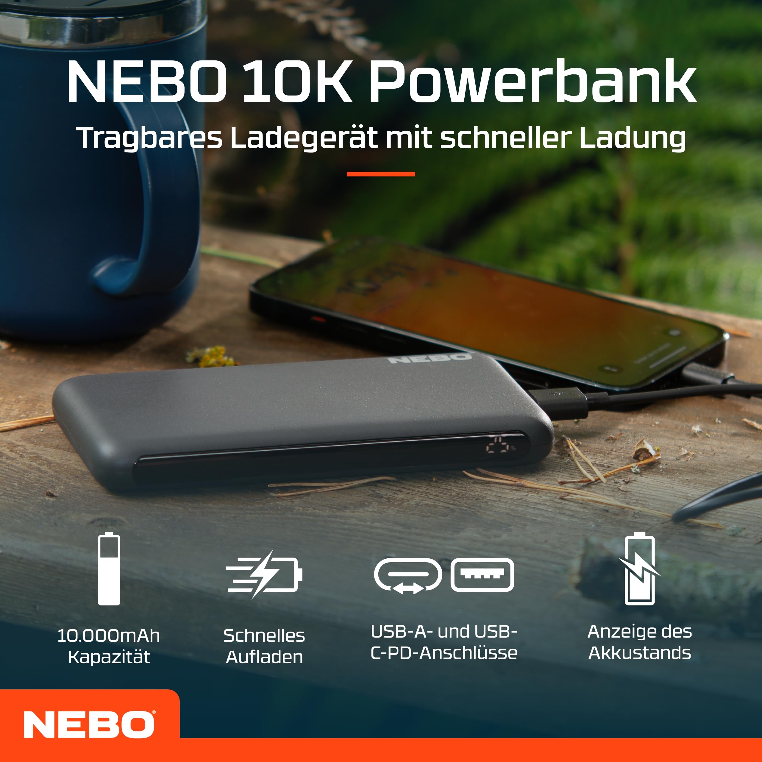 NEBO 10k Powerbank, przenośna bateria zewnętrzna z szybkim ładowaniem, ładowarka do telefonu USB-C (pojemność 10 000 mAh, z przewodem)