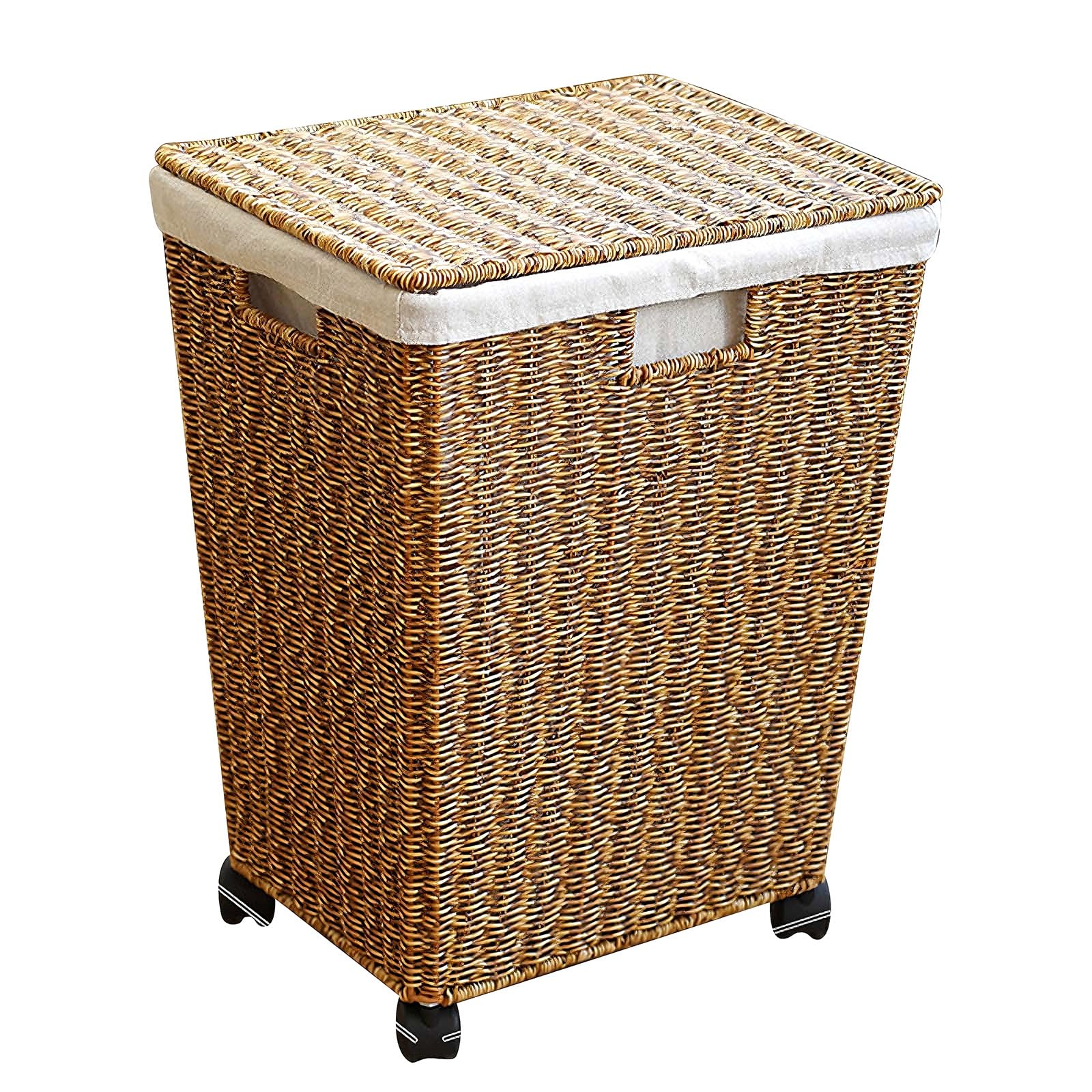 Cesto portabiancheria con ruote e coperchio, cestino intrecciato in finto rattan per soggiorno, bagno, camera da letto e balcone, facile da spostare e organizzare