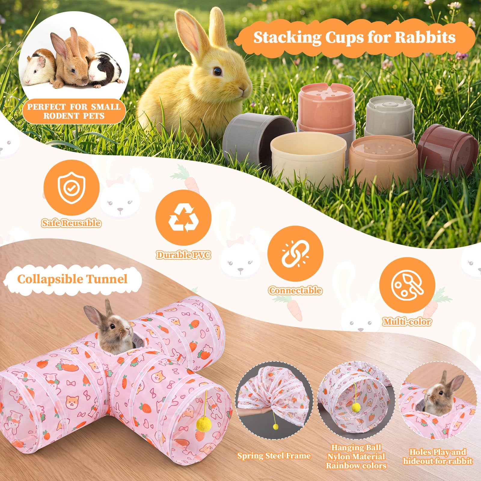 34-teiliges Kaninchen-Starter-Set, Kaninchentoilette, kleine Tier-Wasserflasche, Tassen, Hasentunnel, Tierpflegeset, Schüssel-Decke mit Reinigungsset für Meerschweinchen, Hasen (Stil 3