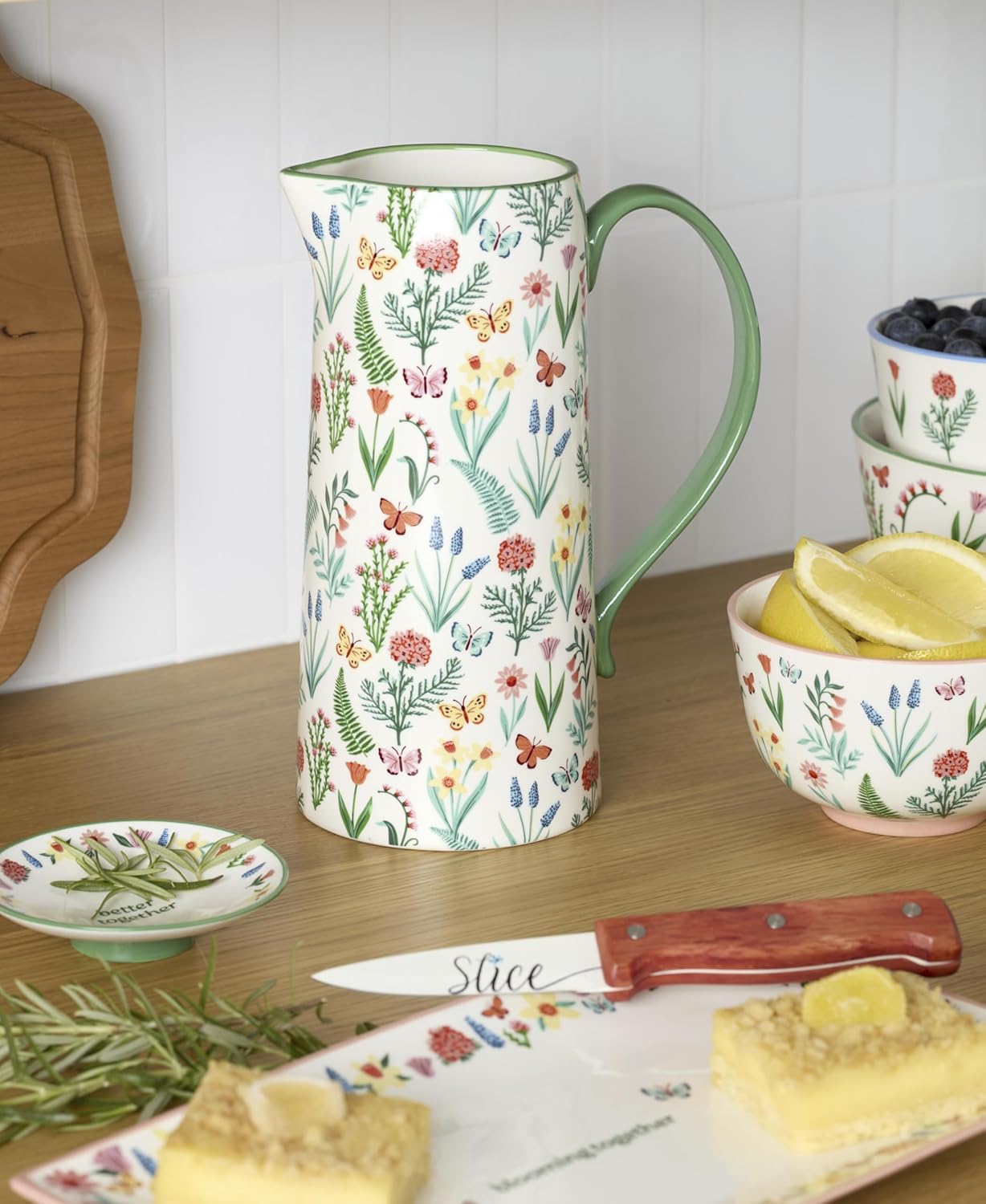 Oneida Home And Kitchen, First Blooms Pitcher, Stoneware Material, Water Jug, Dishwasher Safe, Water Pitcher, Decorative Pitchers, Butterfly & Flowers Design(Multi-Colored, 1 Piece, 50 Ounce Capacity)