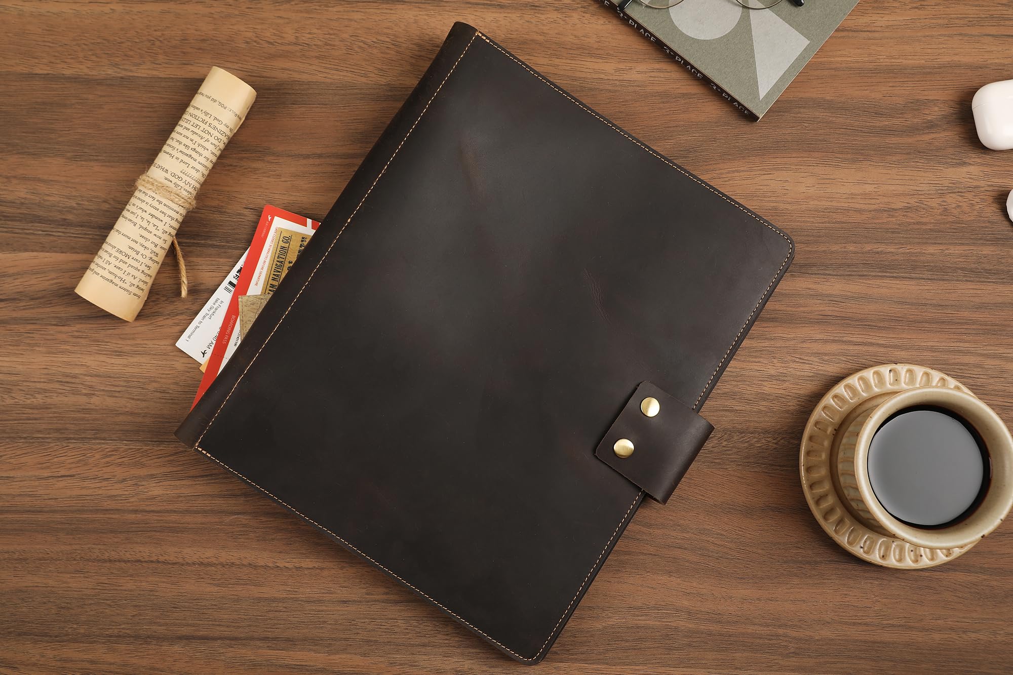 Handgefertigter Notenordner aus Leder, Notenhefter, personalisierter Notenhalter, Lederbinder mit 3 Ringen für 21,6 x 28,9 cm Notenblätter mit transparentem Blattschutz, dunkles Kahki