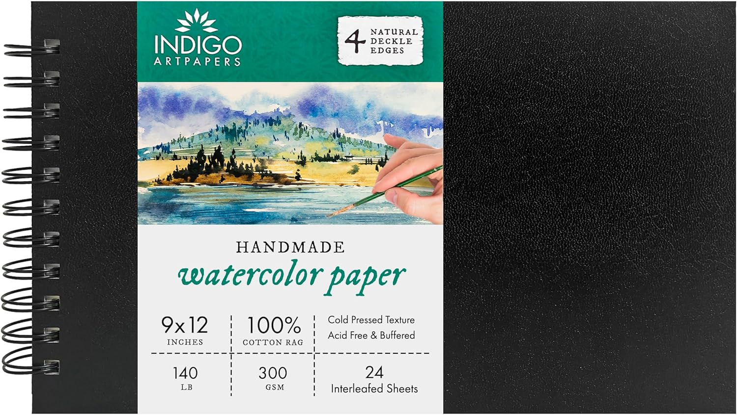 Indigo Artpapers Watercolor Paper Wiropad, 24 Sheets, 9x12 (140lb/300g) | Handmade 100% Cotton Rag, Cold Pressed, Acid-Free Water Color Paper with 4 Natural Deckle Edges, Watercolor Pad Sketchbook