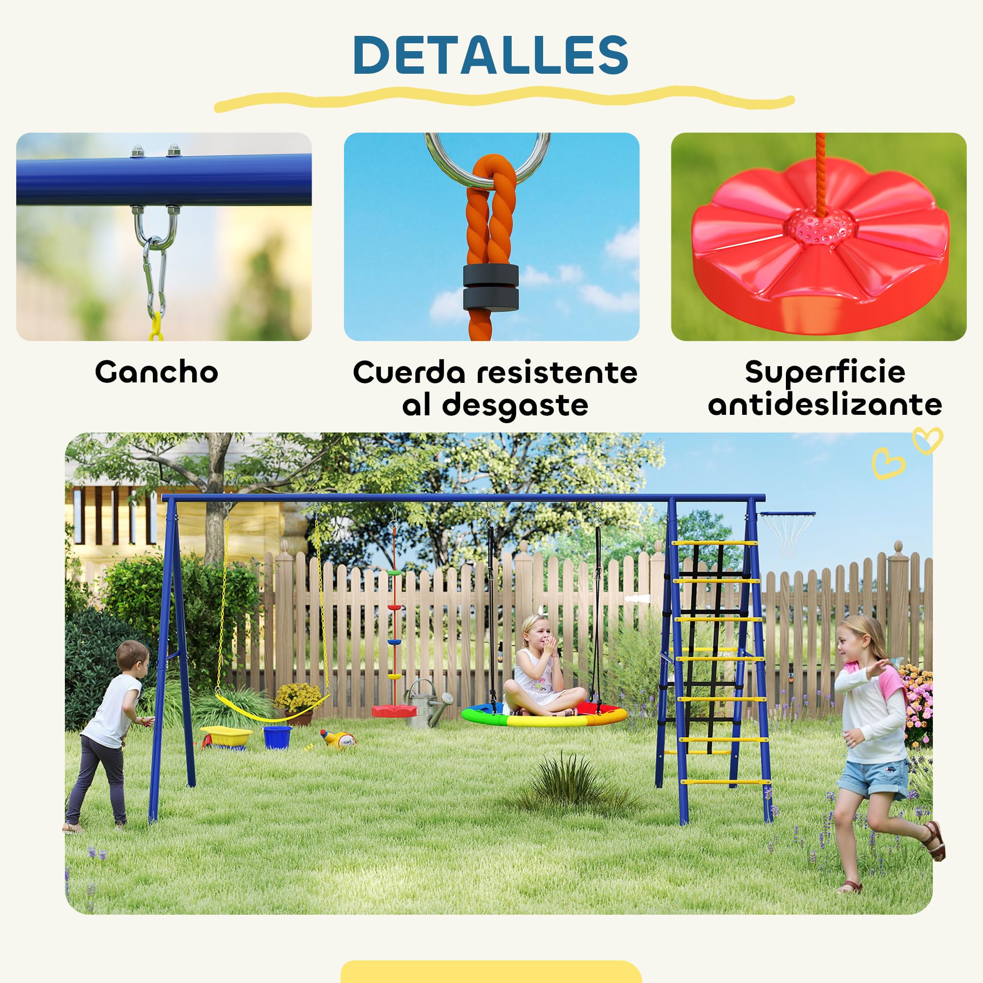 AIYAPLAY Columpios para Niños de +3 Años 6 en 1 Columpios Jardín Exterior con Columpio Nido Cuerda con Disco Red para Escalar Escalera y Aro de Baloncesto Multicolor
