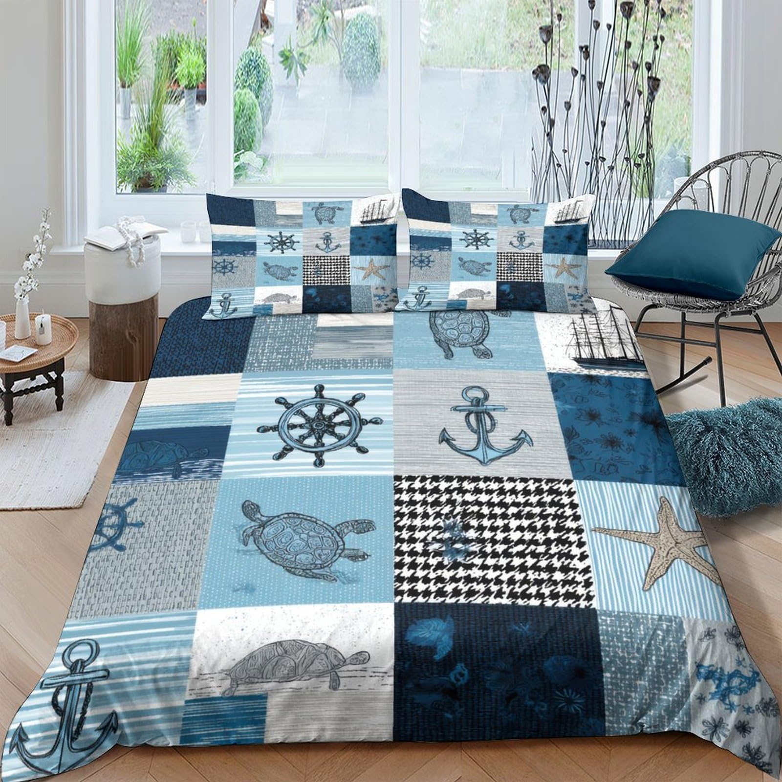 Ctjqhvkz Style-3 3D Printed Nautical Patchwork Fitted Sheet Microfiber Soft Blue Ocean Anchor Bed Cover For Bedroom Guest Room Decor Single（135X200cm）