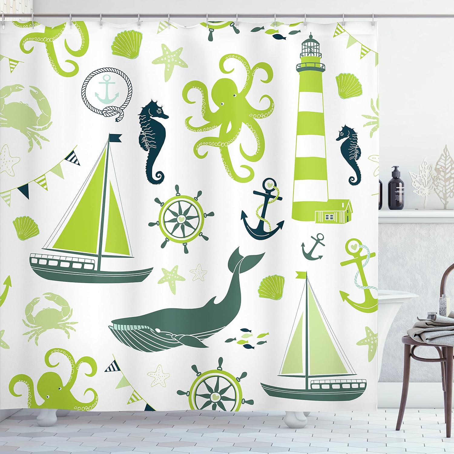 Ambesonne Nautical Shower Curtain, Pastel Colored Composition of Lighthouse Sailboat Fish Shells Octopus, Cloth Fabric Bathroom Decor Set with Hooks, 69" W x 70" L, Apple Green