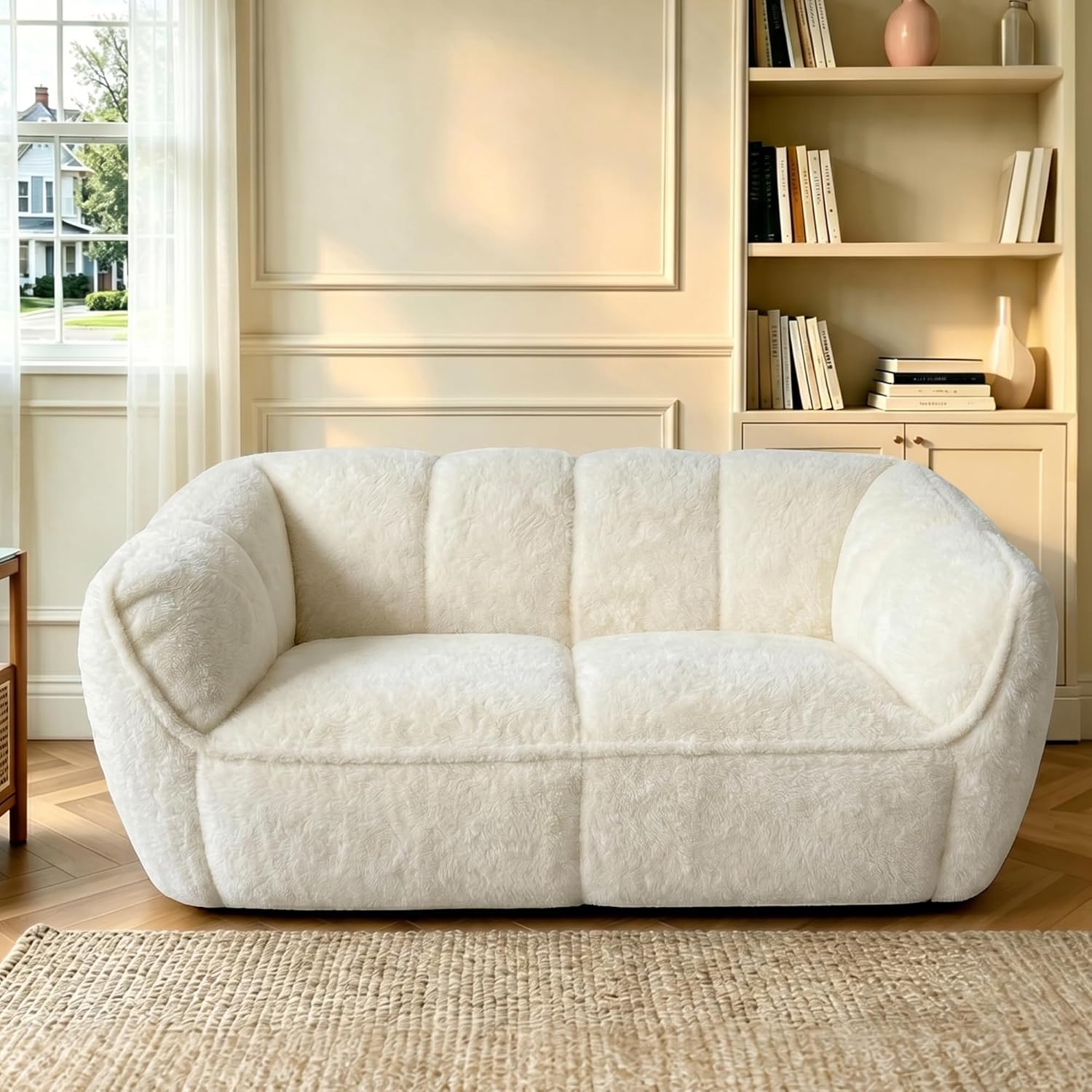 44.29" Single Bean Bag Couch, Oversized Beanbag Chairs for Adults, Comfy Plush Boneless Sofa, Floor Cloud Couches for Living Room, Bedroom, Lounge, Small Spaces, Beige Faux Fur