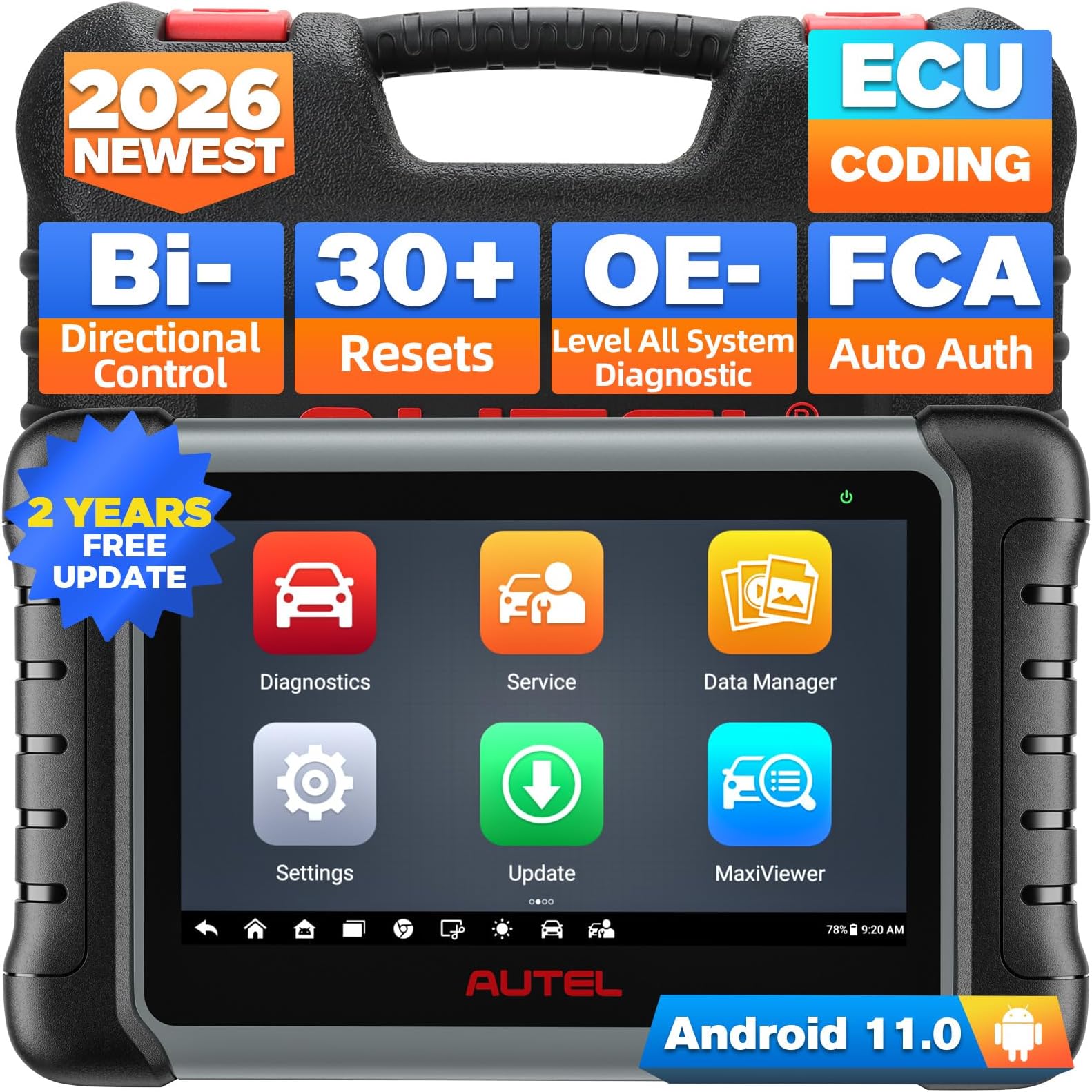 MaxiPRO MP808S Scanner, 2026 Bidirectional Scan Tool, 2-Year Update, Upgraded of MK808S MX900 MK900BT MP808BT PRO, Advanced ECU Coding as MP900-BT / MS906 PRO, 31+ Resets, All System Diagnostic