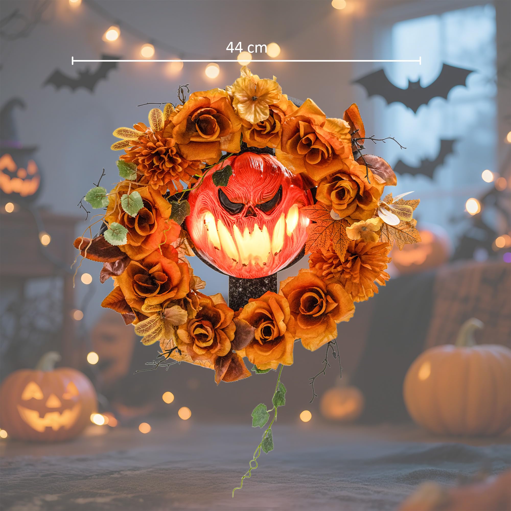 Outsunny Wiszący dyniowy wieniec z 44 diodami LED na drzwi i ogród | Dekoracja Halloween, Efekt płomienia, Straszna twarz dyni, Kwiaty, na imprezę