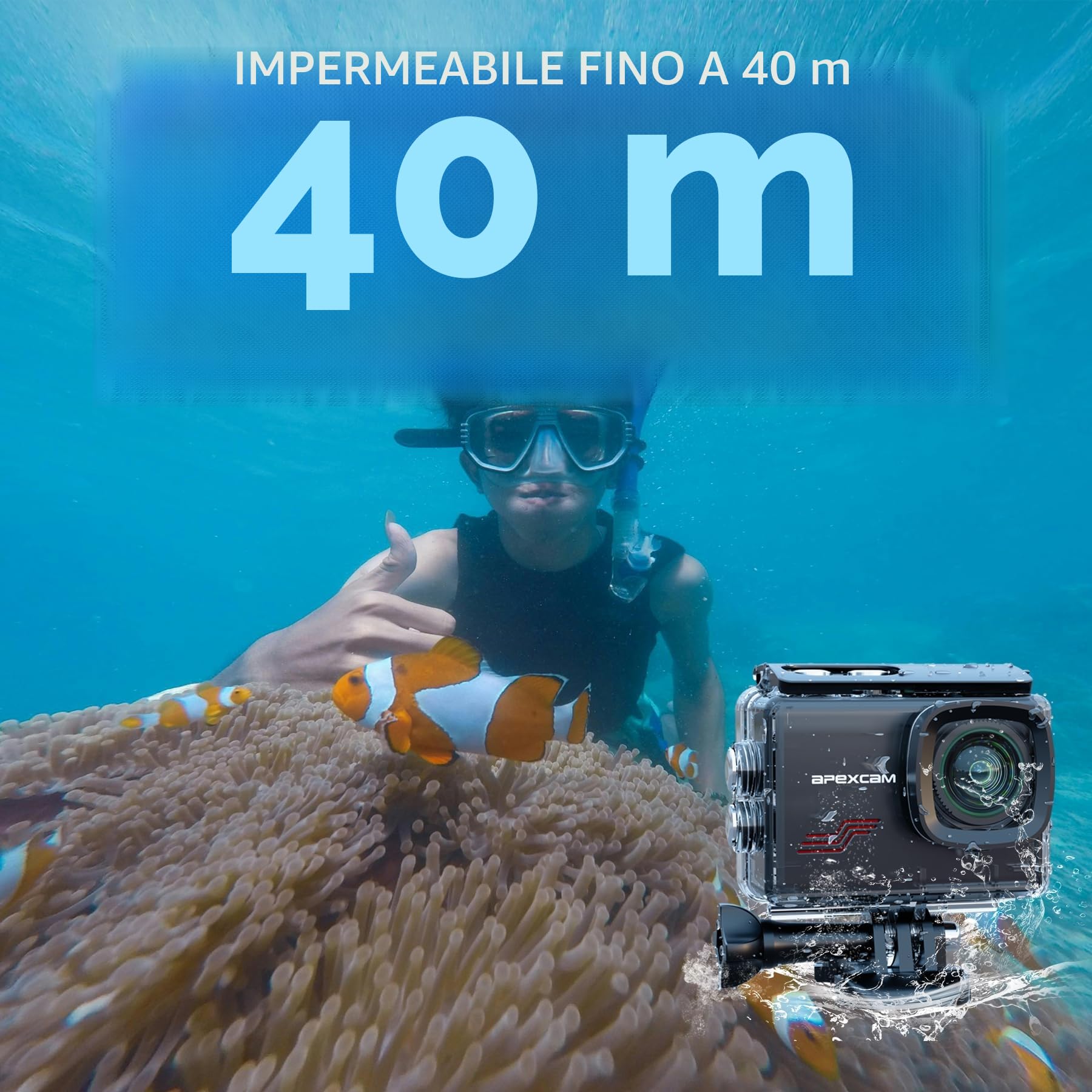 Apexcam Nuova M80PRO Action Cam 4K 64MP EIS Touch Screen Con 128GB Scheda Fotocamera Sportiva Impermeabile Fotocamera Subacquea 40M 8X Zoom e 2 * 1350 Batterie Kit Accessori