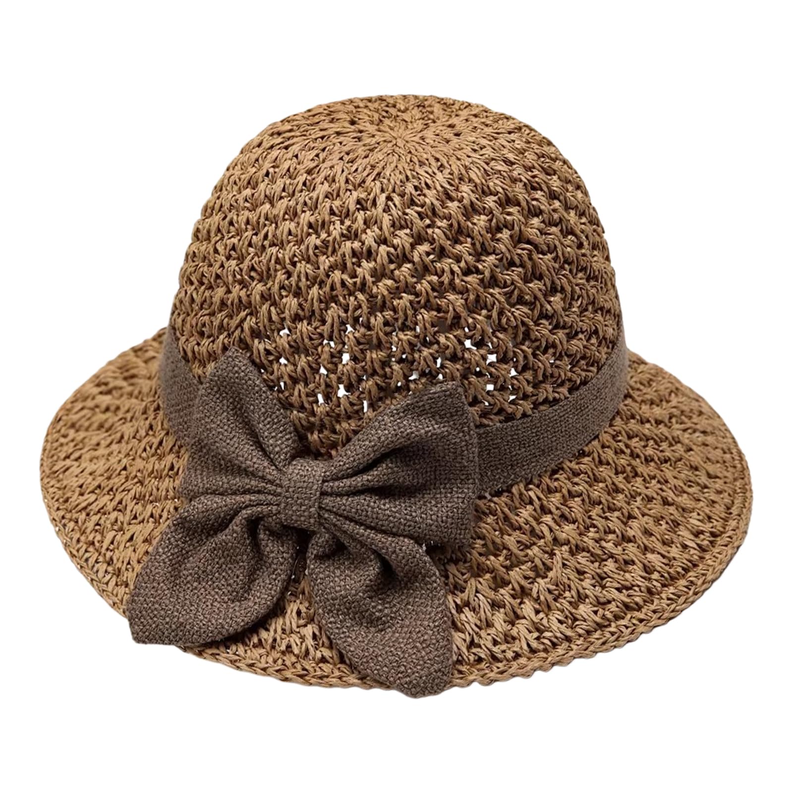 Women's Khaki ’S Foldable Small Brim Straw Sun Hat, Breathable Packable Beach Hat With Bow Bucket Cap For Summer Travel & Outdoor