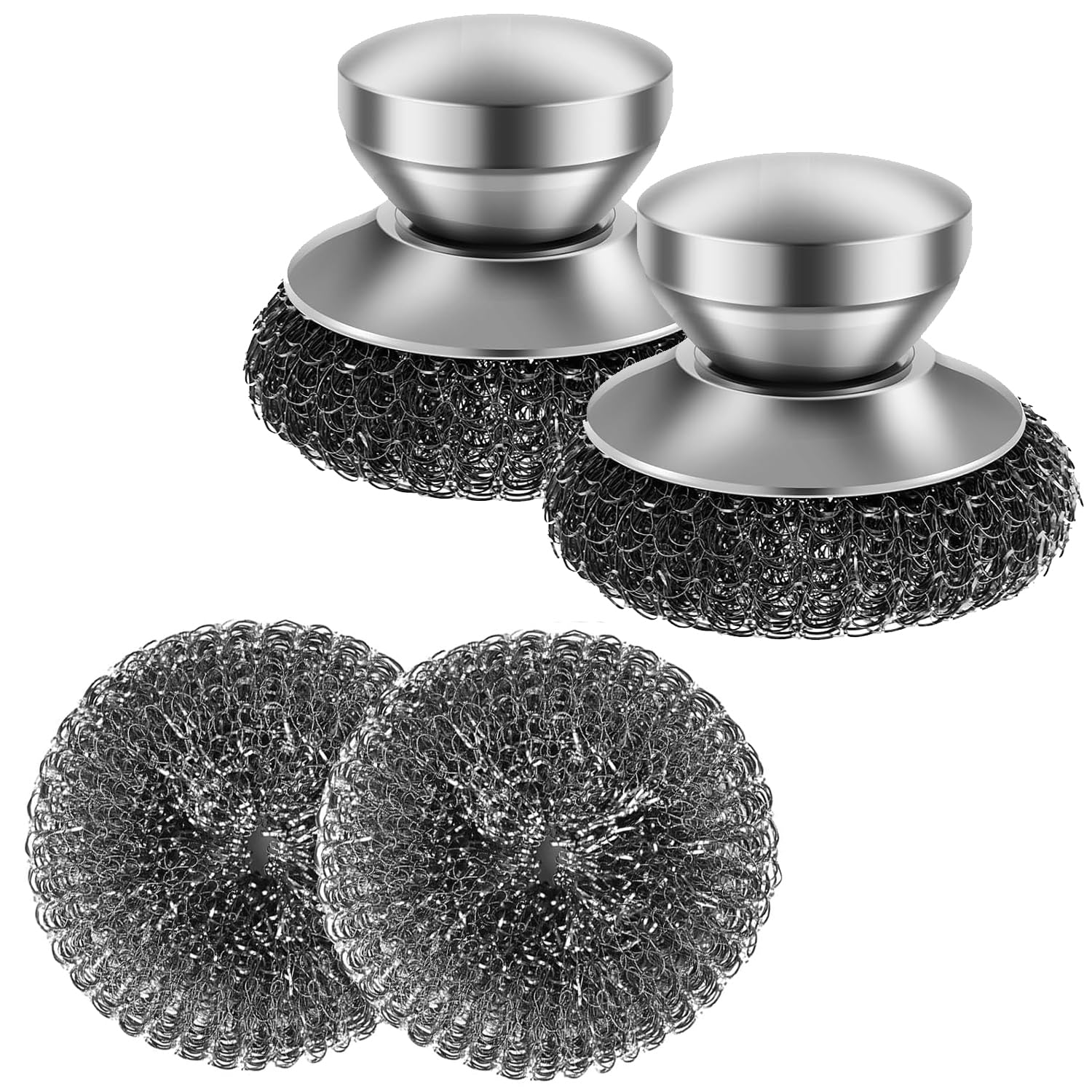 Stainless Steel Scourer Set,Ompinda 2 Pack Stainless Steel Wool Scrubber with Handle and 2 Pcs Replacement Wire Scrubber Wool Pads for Kitchen Pots, Pans, Sink