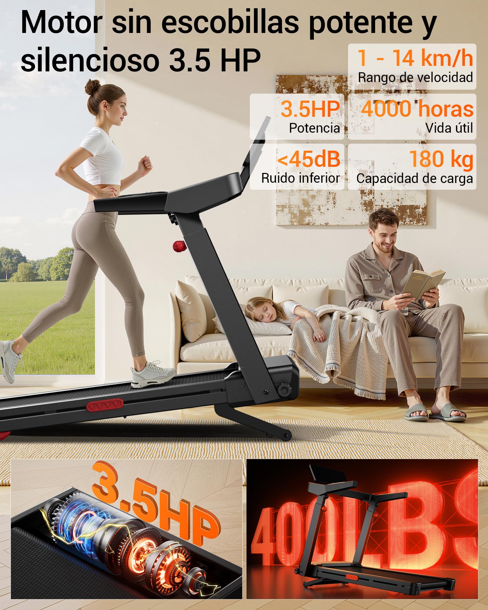 CURSOR Cinta de Correr Plegable con Inclinación Automática 20%, 14 KM/H Caminadora Eléctrica con Consola Ajustable en 4 Niveles, 3,5 CV Cinta de Andar con Pantalla LED, 180KG