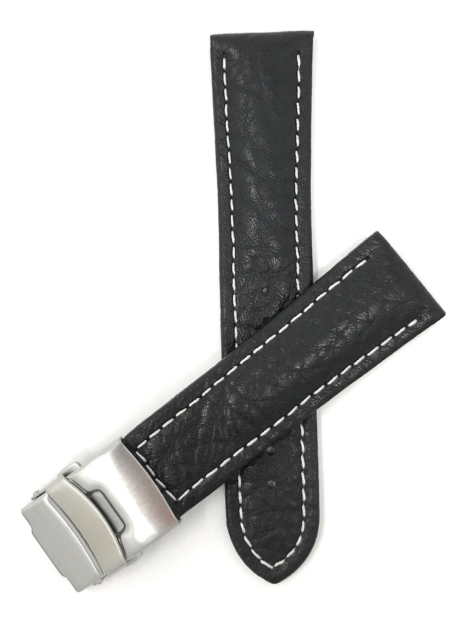 Bandini 20mm Mens Italian Leather Watch Band Strap - Black - Deployment Clasp Buckle - White Stitch