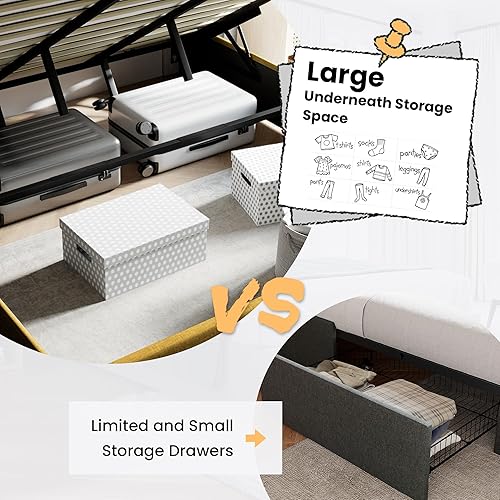 Miniatura 49 de SHA CERLIN Cama de Almacenamiento Elevable Tamaño King/Tapizada en Terciopelo/Cabecera Moderna con Respaldo de Ala/Marco de Cama Plataforma