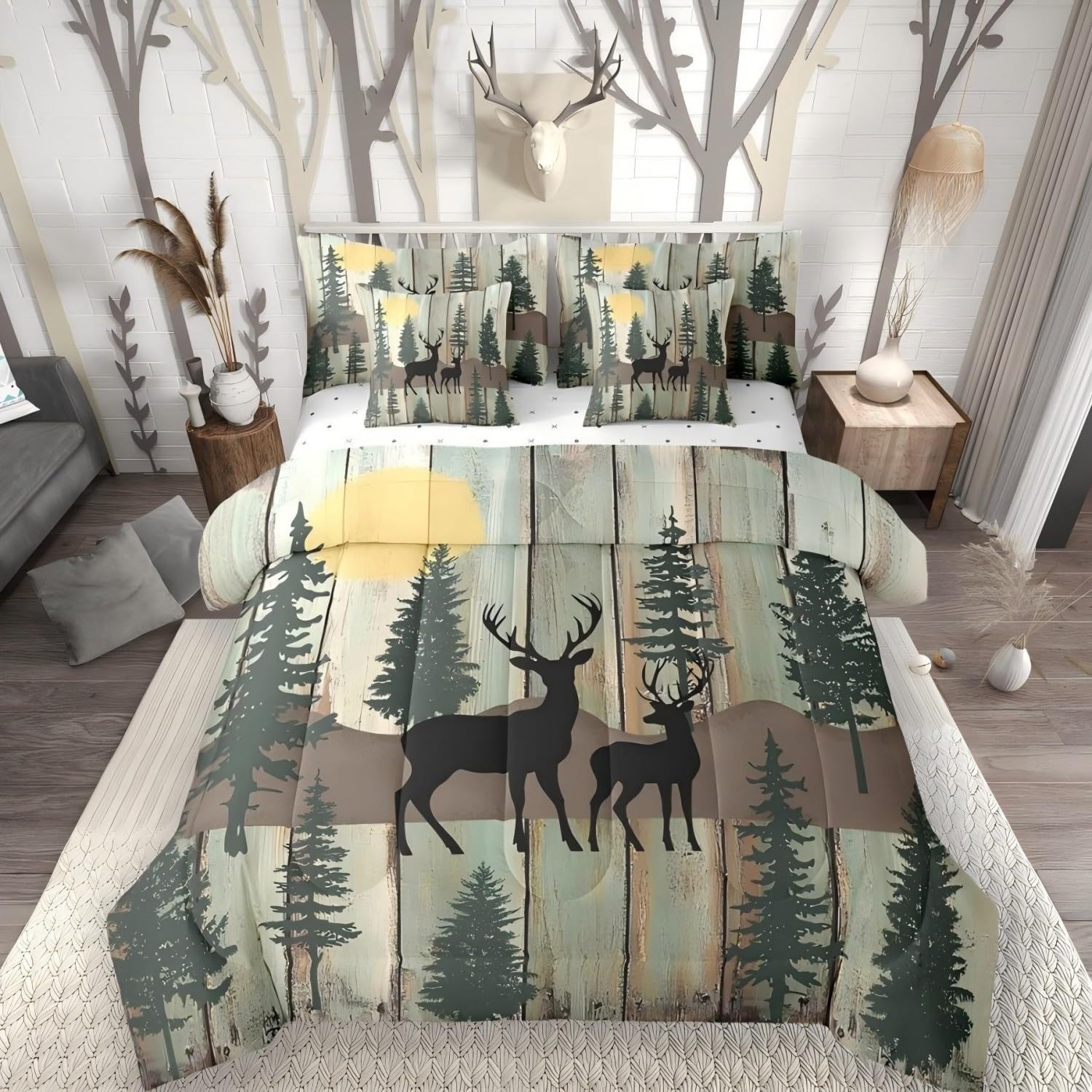Elk Deer Bed in a Bag King Size Comforter Set 7 Pieces, Christmas Reindeer Bedding Sets Farmhouse Decor Rustic Barn Door Comforter and Sheet Set, Retro Countryside Hunting Room Decor, Olive Brown