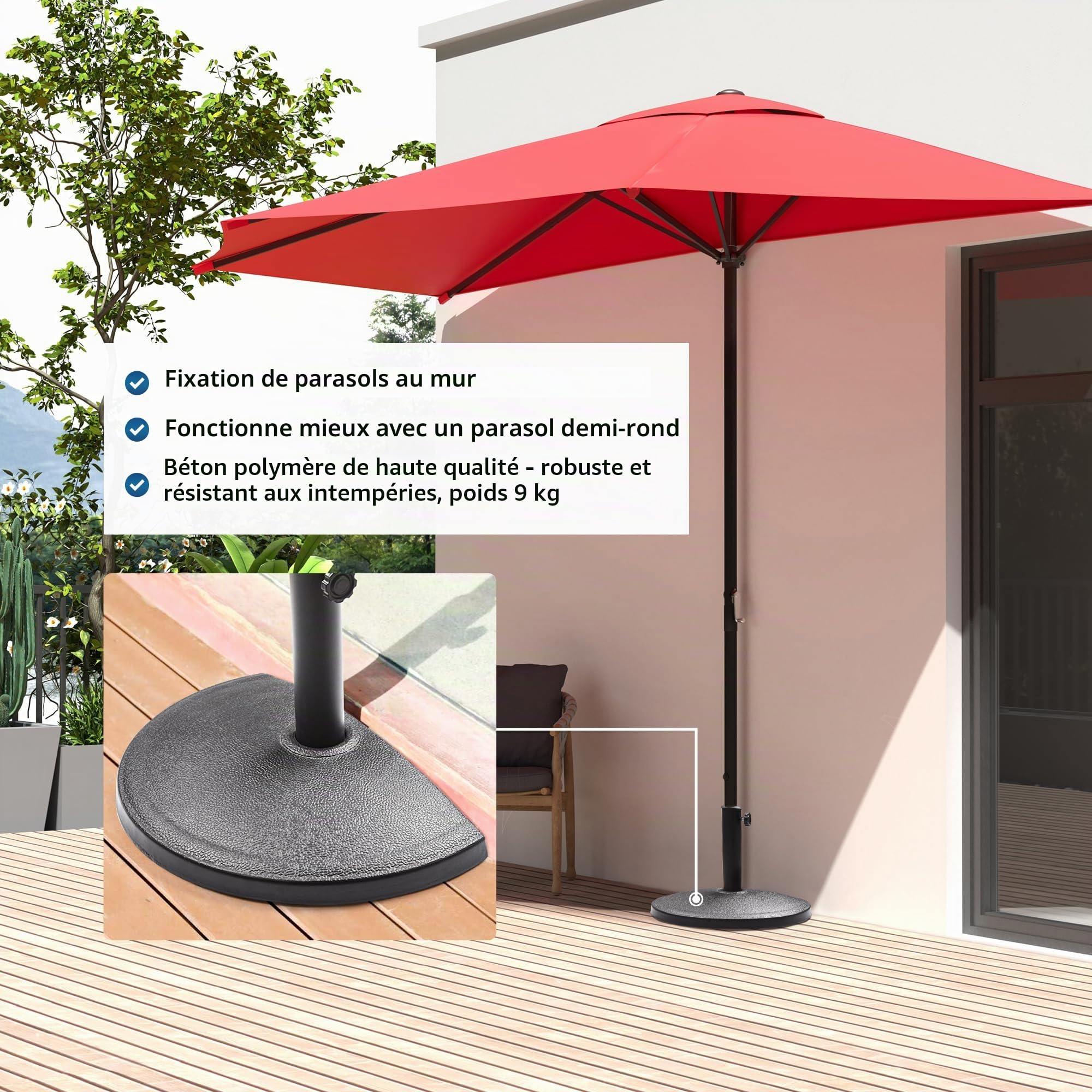 paramondo Pied de Parasol Semi-Circulaire Socle de Parasol résistant aux intempéries Épaisseur de mât 35-50 mm, Adaptateur Inclus, Pied de Balcon 9 kg, Noir