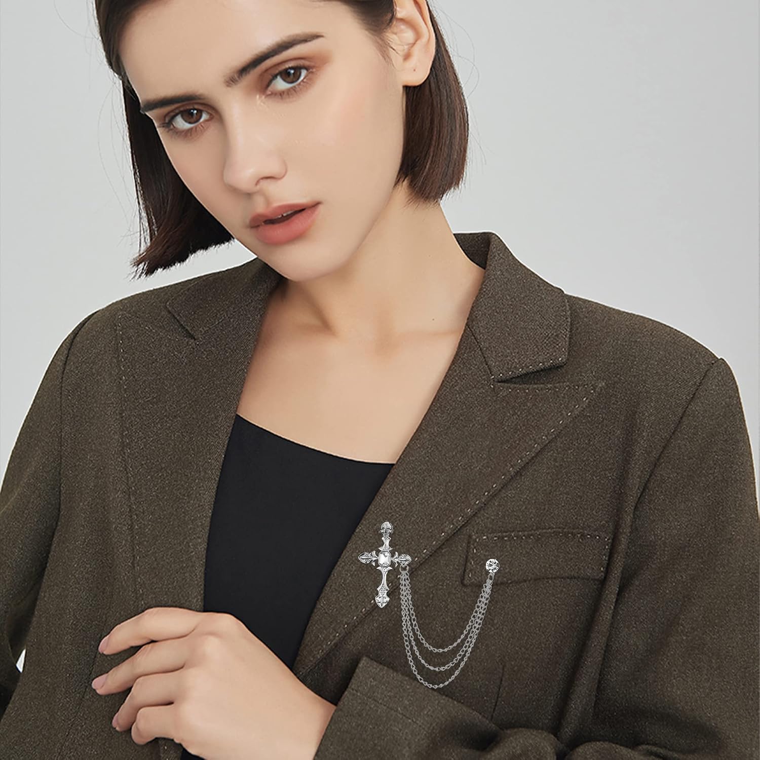 Cross Gold Silver Men'S Brooch Suit Pin with Gem Rhinestone Buckle Brooches Chain tassel Lapel Collar Pins Shirt Decoration Metal Tie Clips Brooch Pins Women Coat Pin with Gift