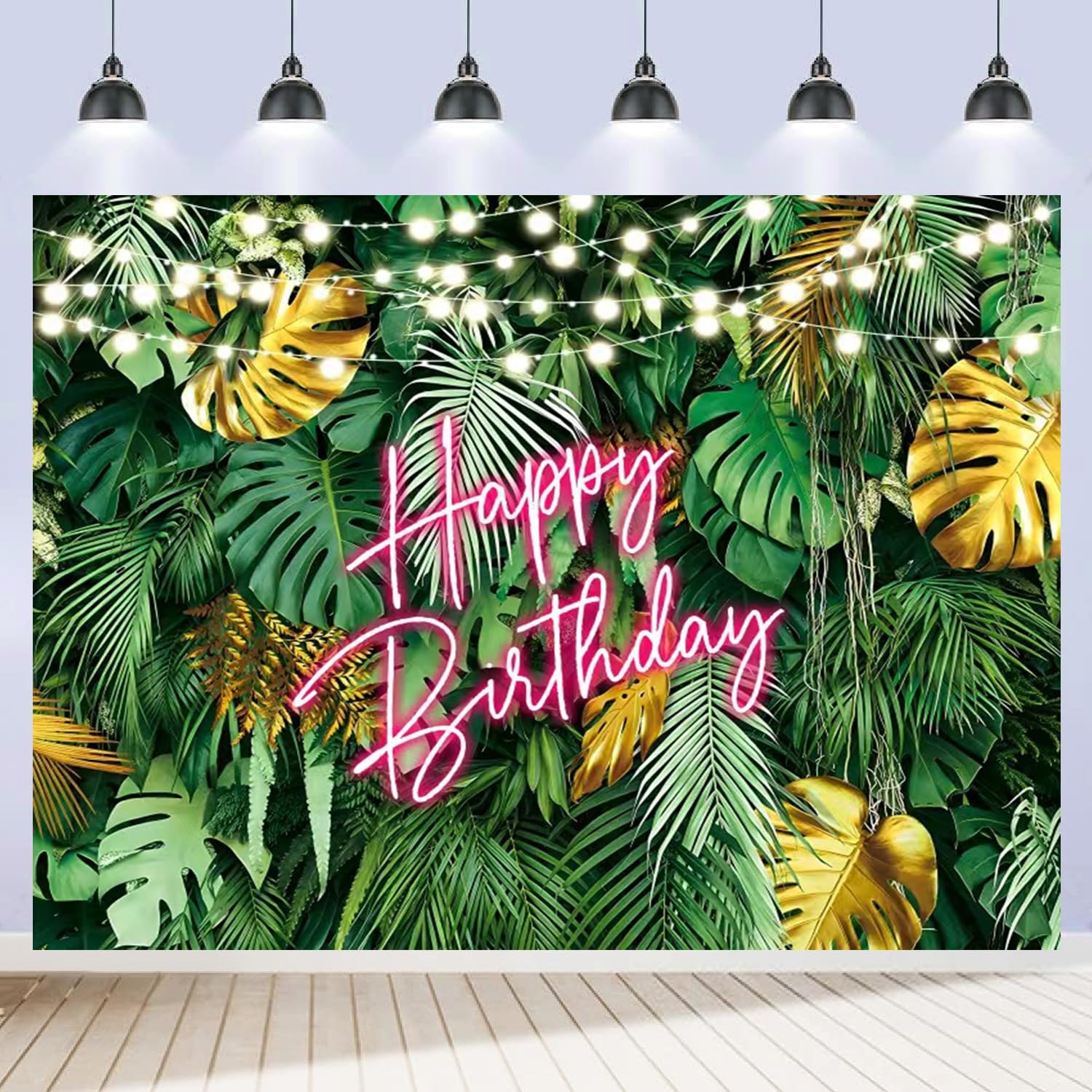 Tropical Palm Leaves Happy Birthday Backdrop 10x8ft Jungle Safari Gold Plants Photography Background Summer Green and Golden Leaf Hawaiian Luau Party