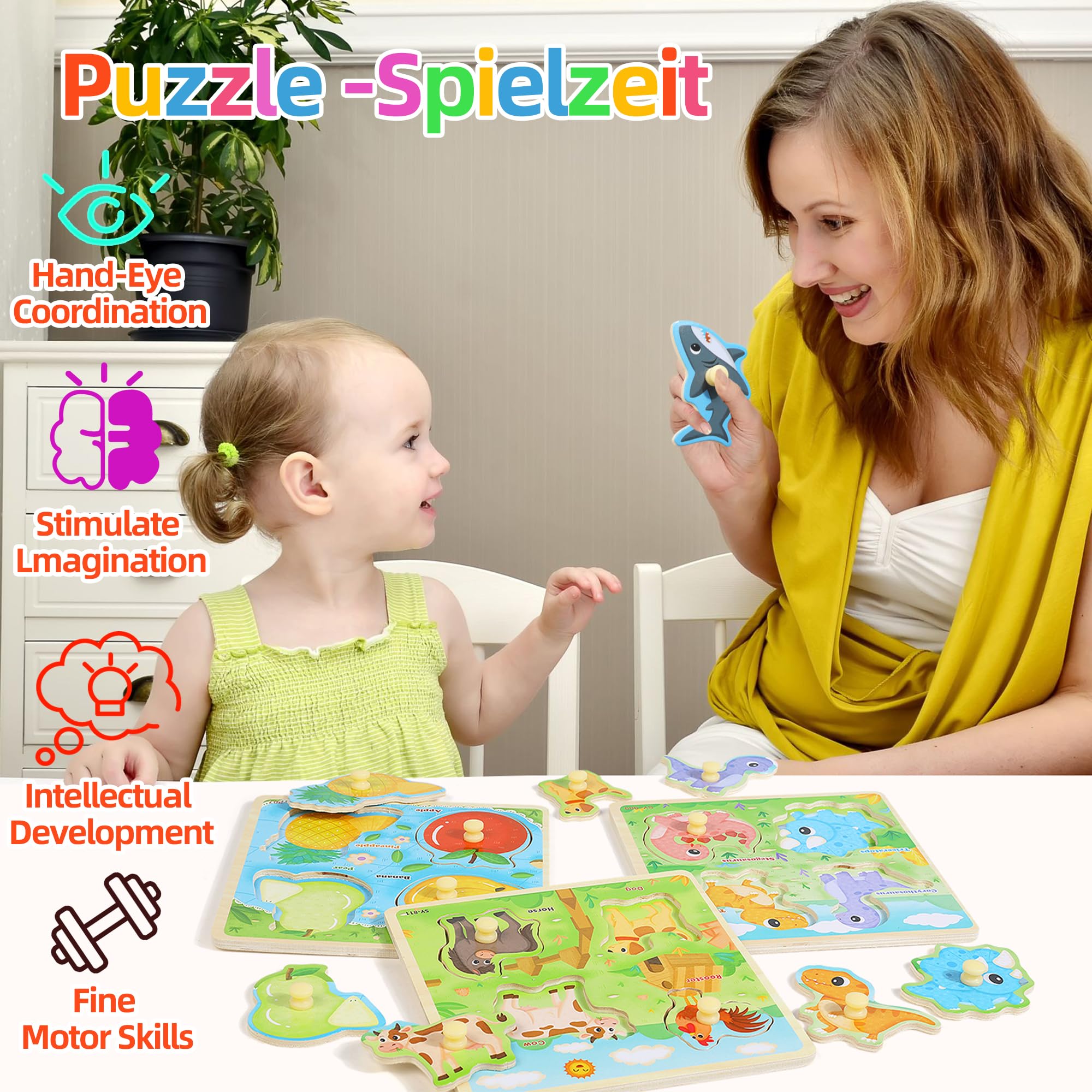 Holzpuzzle Kinder Montessori Spielzeug, Holzspielzeug Steckpuzzle Kinderspielzeug ab 3 Jahre, Lernspiele Puzzle - Dinosaurier, Bauernhof, Bauernhof-Tiere, Meerestiere, Obst, Jungen Mädchen Geschenke