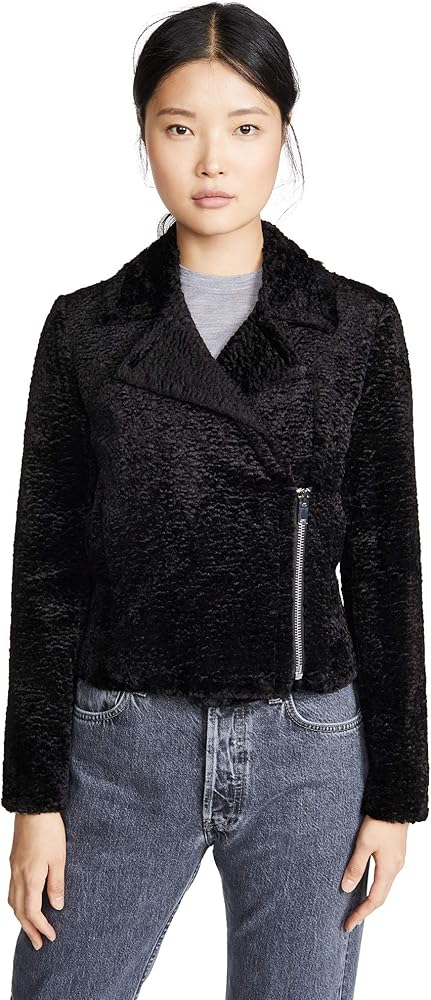 Theory Womens Faux Fur Teddy Moto Coat Black 00 at Amazon Women's