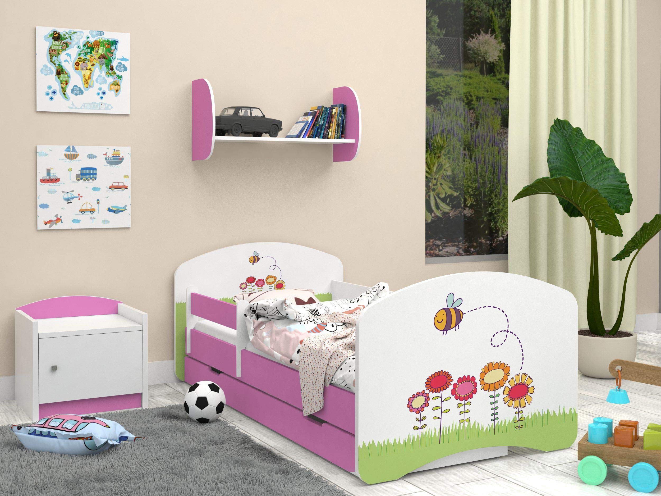 Happy Babies - Dwustronne łóżko dziecięce w kolorze różowym, nowoczesne wzornictwo z bezpiecznymi krawędziami i zabezpieczeniem przed upadkiem materac piankowy 7 cm (06. pszczoła, 190x90)