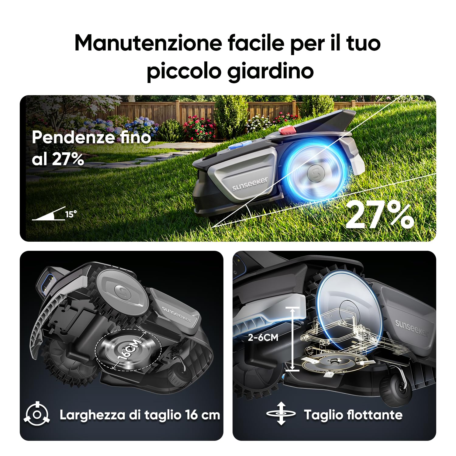 Sunseeker V1 con Garage, Robot Tagliaerba Senza Filo Perimetrale, 300 m² per Piccoli Giardini, Vision AI, Evitamento degli Ostacoli, Pendenze 27%, Taglio con un Clic, Controllo tramite App