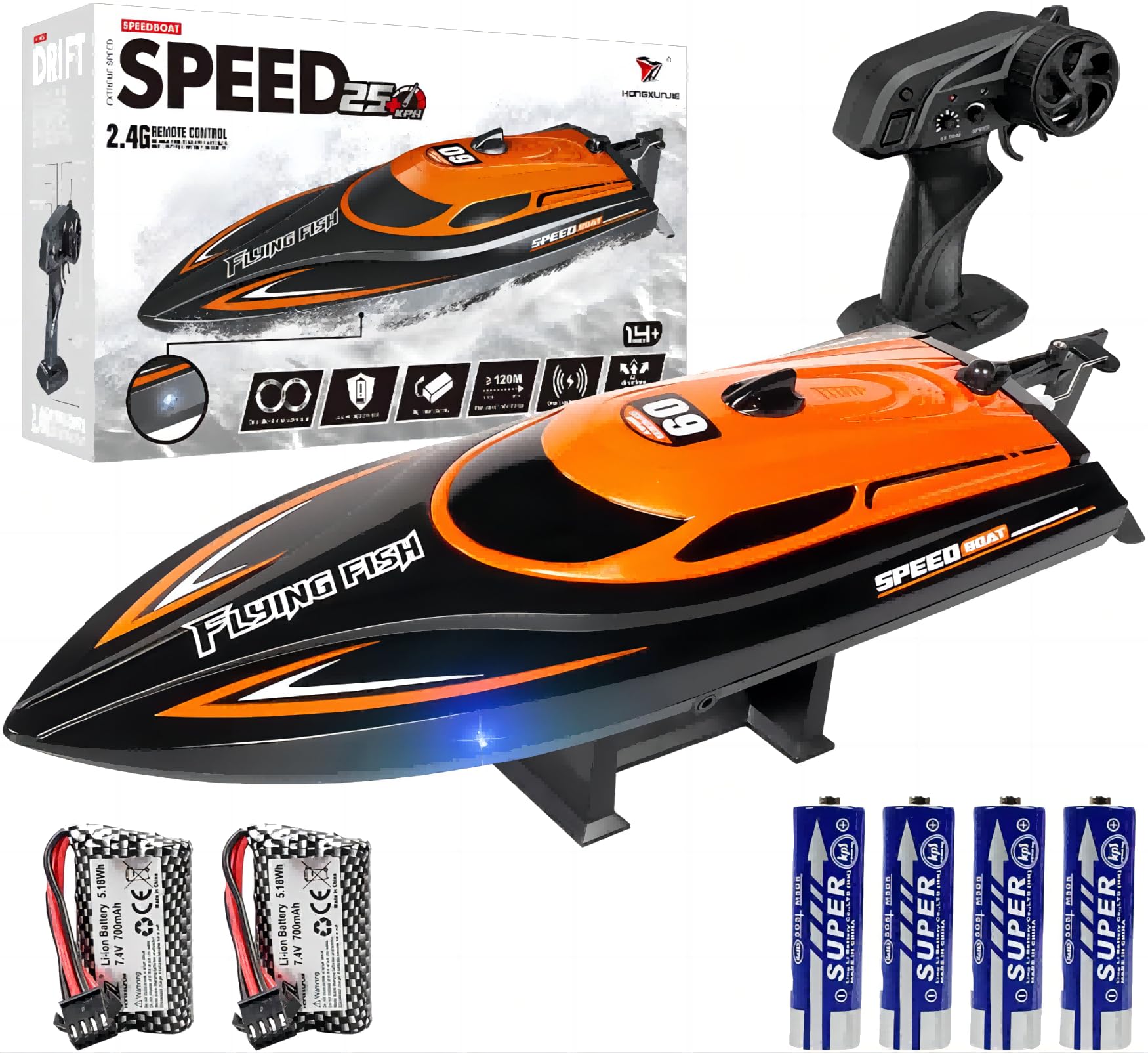 RC Boat with 2 Rechargeable Battery and 4 Remote Control Batteries, 20+MPH Fast Remote Control Boats with LED Lights for Boys Age 8-12, Low Battery Reminder, 2.4GHZ RC Speed Boats for Kids & Adults