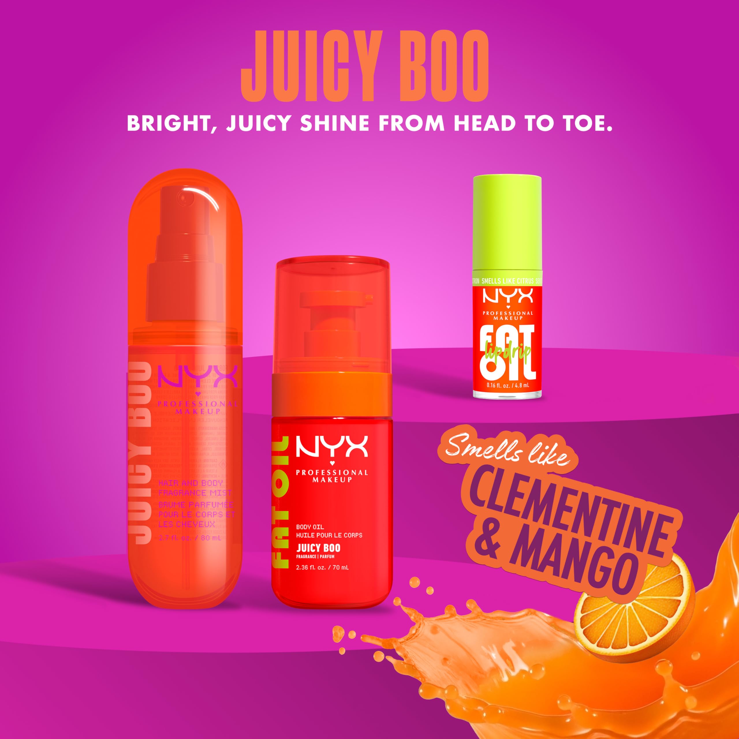 NYX Professional Makeup Fat Oil Body Mist Spray Corpo e Capelli, Fragranza Dolce, Effetto Delicato, Note di Clementina e Mango, Juicy Boo, 160 ml