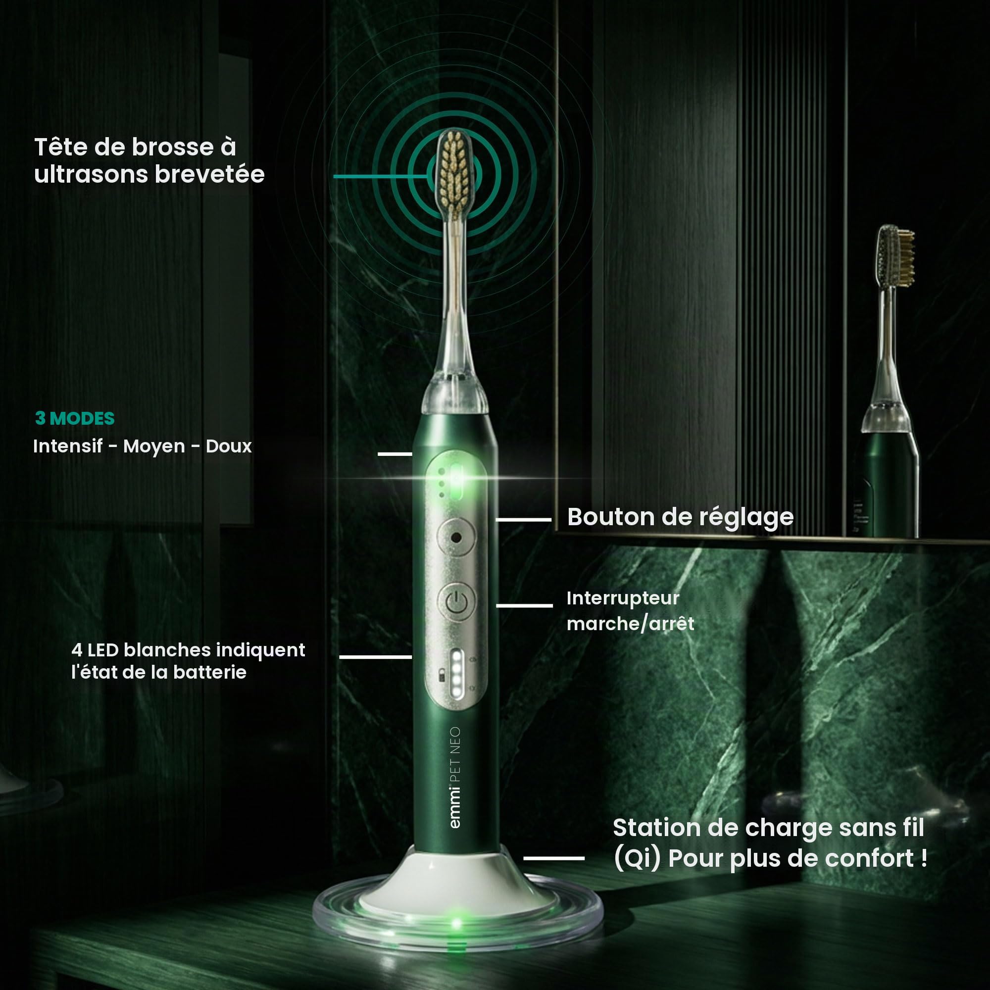 emmi-PET NEO Brosse à dents à ultrasons pour chien I Brosse à dents silencieuse avec 3 modes de nettoyage pour aider en cas de tartre et d'odeur de bouche I Soin dentaire sans frottement I Autonomie