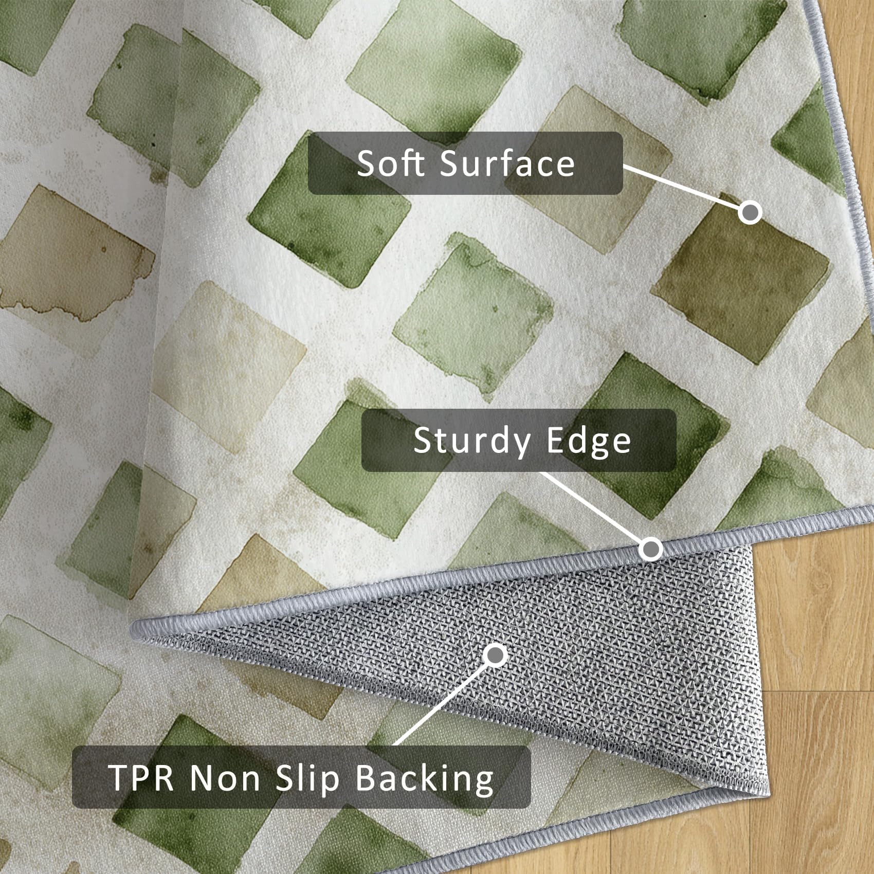 Tapis de Salon Lavable à Motif géométrique Losanges, 120 x 180 cm, Vert Sauge et Beige Motif à Carreaux Aquarelle antidérapant Tapispour Chambre, Salle à Manger ou Bureau.