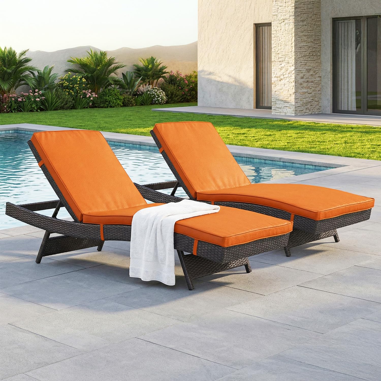 DEVOKO Outdoor Wicker Set of 2 Reclining Loungeer with Adjustable Backrest All Weather Comfort Weatherproof Cushions & Durable Metal Frame for Poolside, Garden (Dark Brown & Orange)