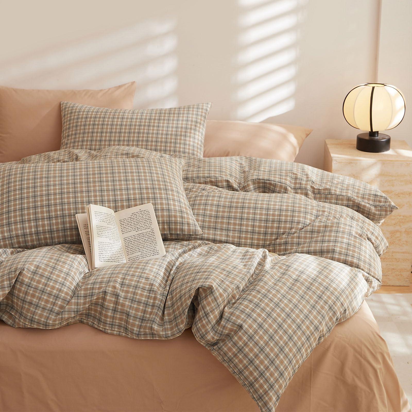 EAVD Vintage Gingham Duvet Cover King Tan Khaki Brown Grid Plaid 3-Piece