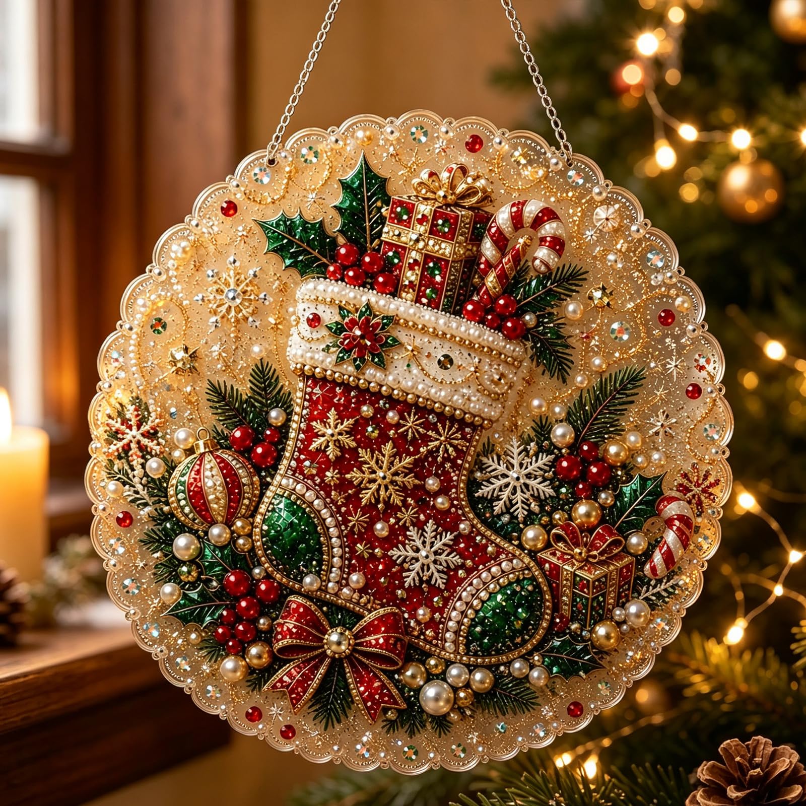 Christmas Pearl Diamond Painting Kit Suncatcher DIY Craft for Adults (F)