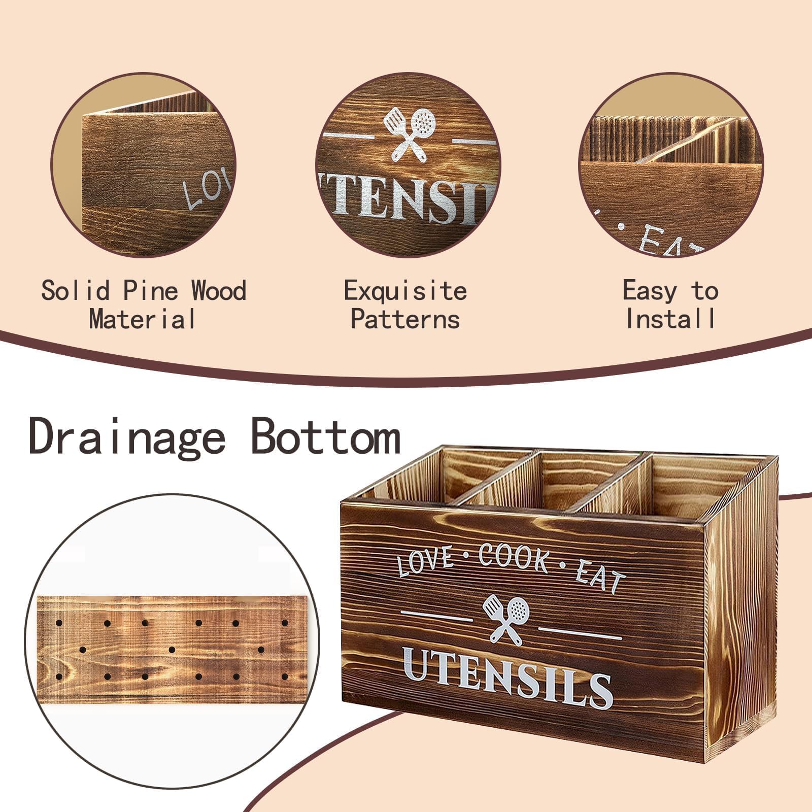 Portautensili Da Cucina Per Piano Di Lavoro, 3 Scomparti Porta Utensili In Legno, Organizer Per Utensili Da Cucina, In Legno Con Fondo Di Drenaggio, In Rustico (Marrone)