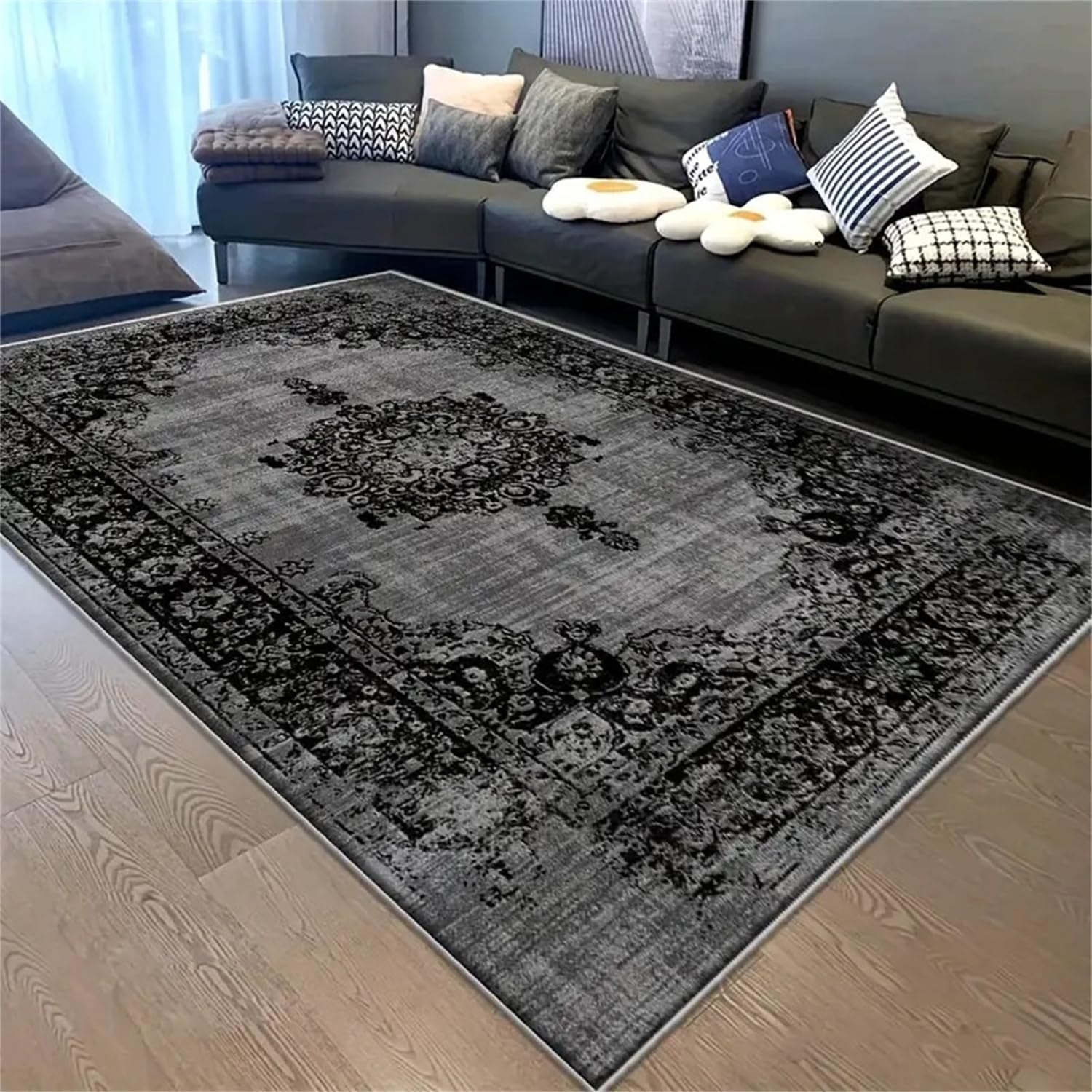 Kuluoits Vintage Bohemian Area Rug, 180x260cm, Ethnic Tribal Floral Style Black Grey Living Room Carpet Floor Mat, Indoor Non-Slip Durable Washable Abstract Rugs for Living Room Bedroom Office Study