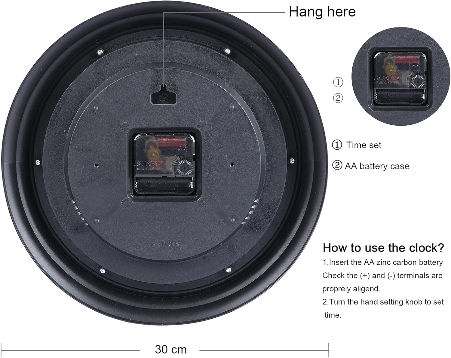 Back of the Lafocuse wall clock showing the battery compartment and time setting knob.
