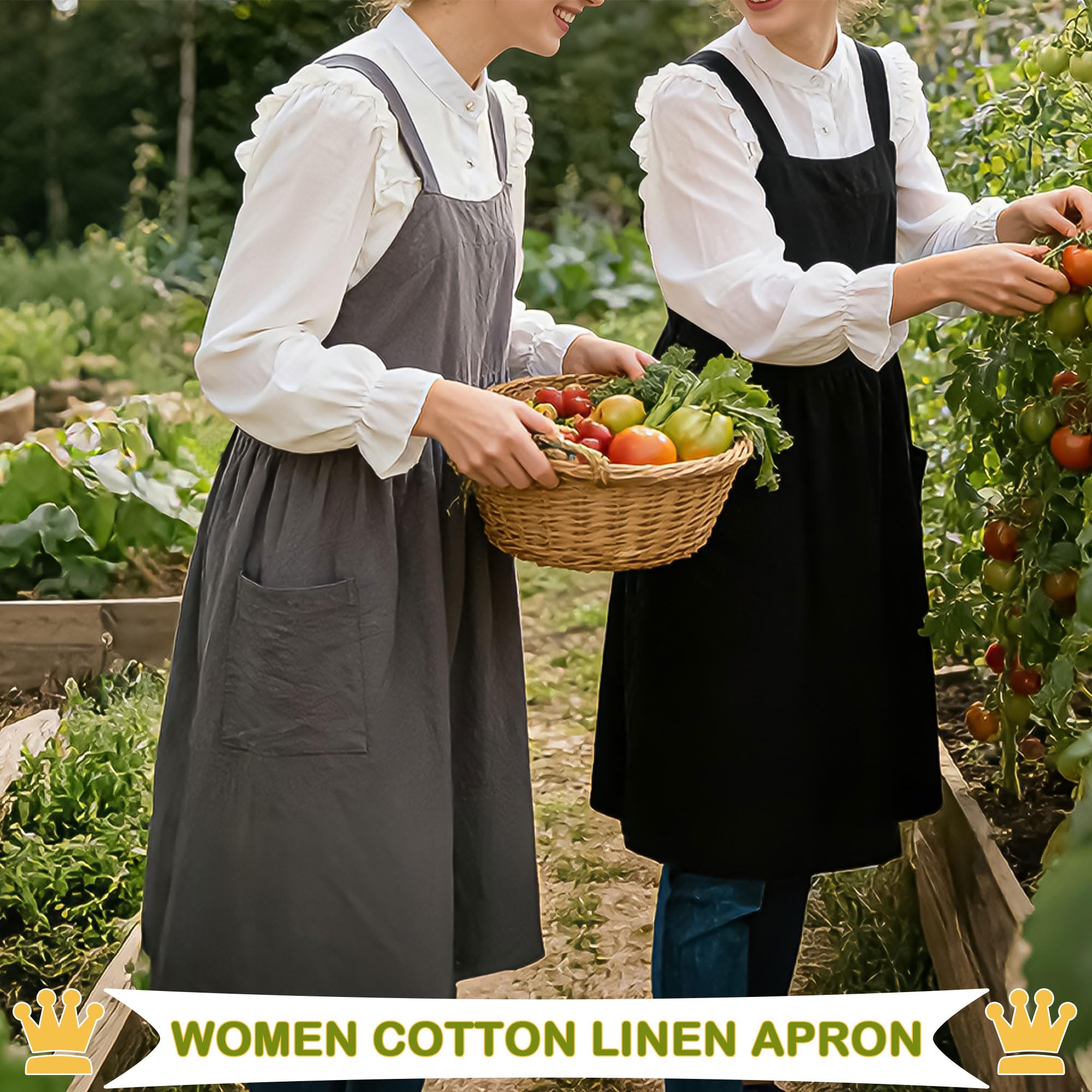 Uaussi Delantal de algodón y lino con espalda cruzada, delantal de trabajo para mujer con bolsillos, vestido de pinafore X Cruz Halter delantal para chef jardinería, Paquete de 2, negro y gris, talla