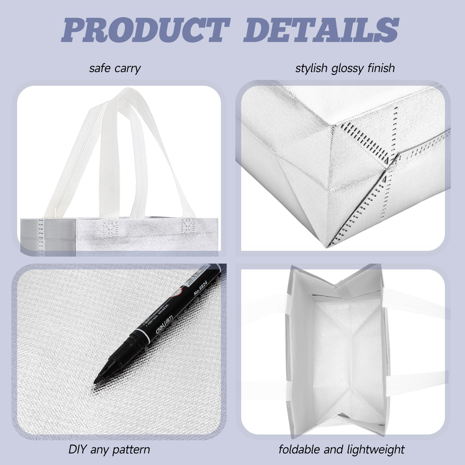 Eccliy 80 Pieces Gift Bags Set Glossy Reusable Tote Bags with Handles Grocery Bags for Wedding, Bachelorette Party, Christmas (Silver,Medium)