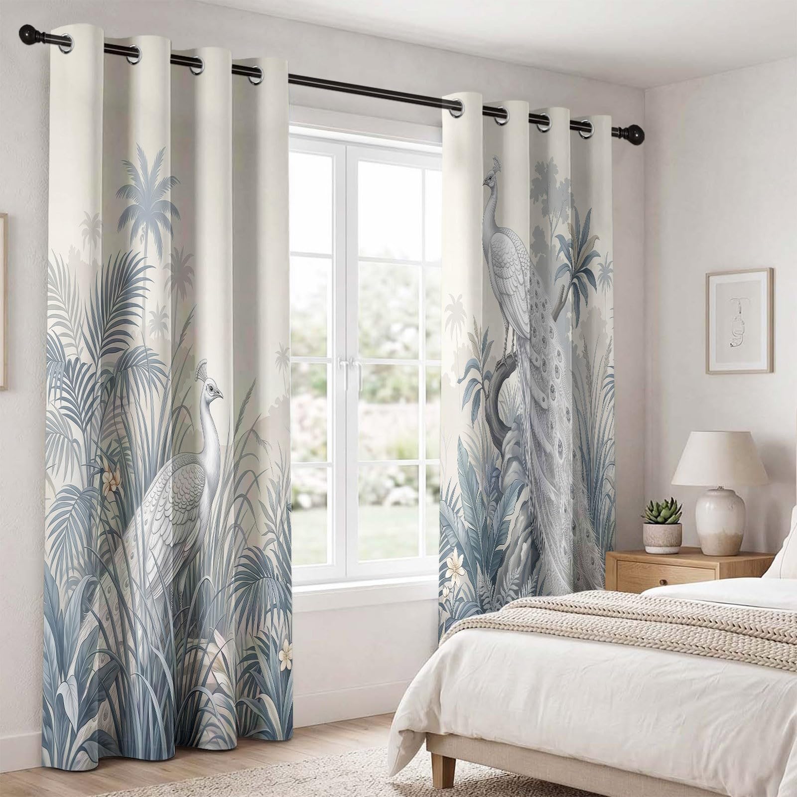 Rideaux Occultants Oiseau Forêt 75L X 166H cm (2 Panneaux), Isolation Thermique Fixation par Oeillets Motif À Fleur Et Paon De Jardin Tropical pour Chambre À Coucher, Crème