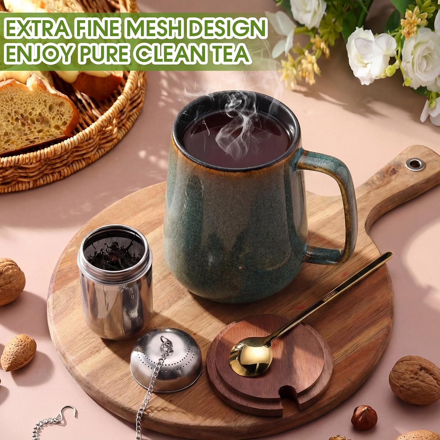 Zhehao 24oz Large Ceramic Tea Mug with Loose Leaf Infuser, Gift for Men Women, Coffee Cup with Lid & Spoon for Tea Lovers, Microwave & Dishwasher Safe, Present for Thanksgiving Christmas(Green)