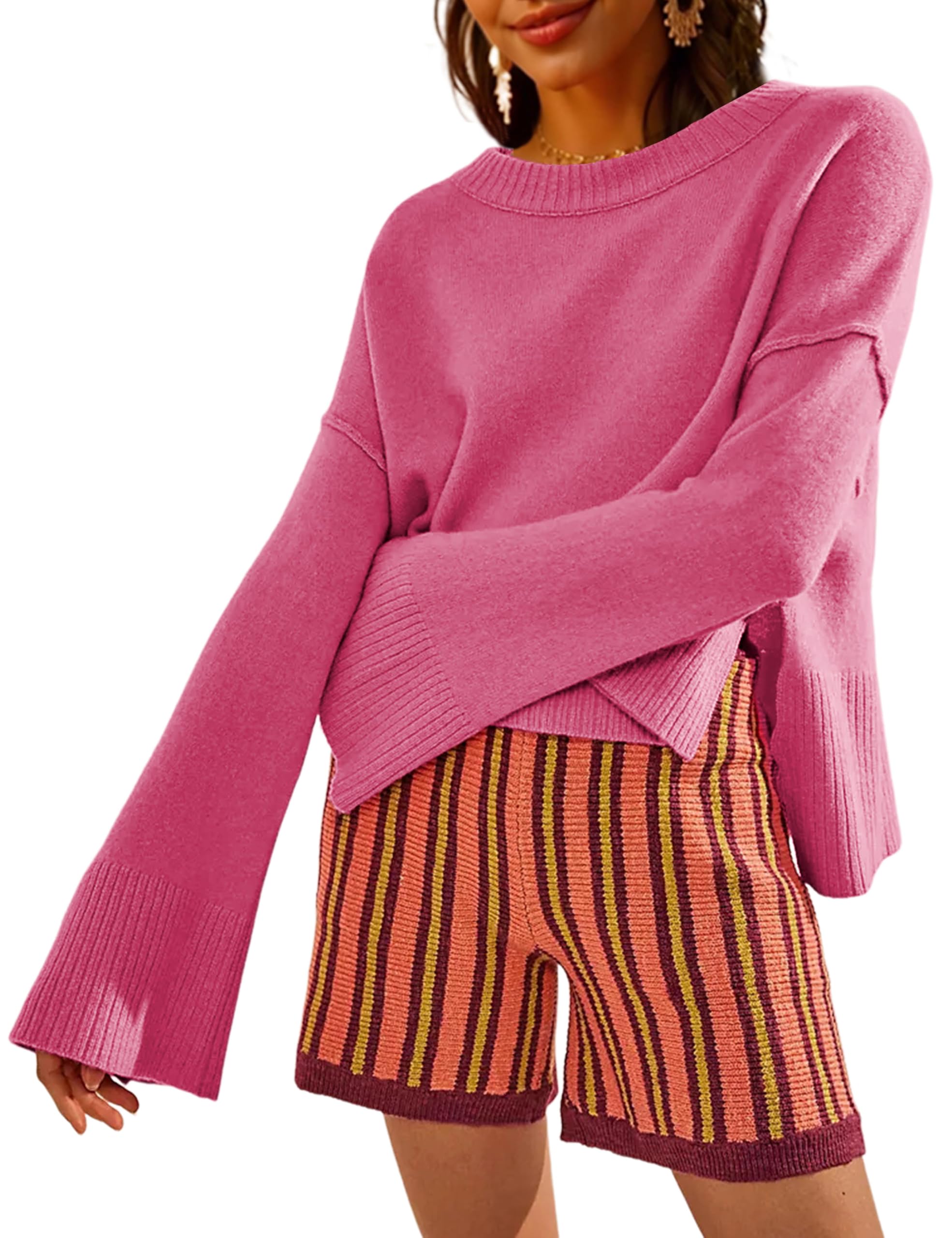 Womens Lightweight Sweaters Crewneck Bell-Style Sleeve Batwing Knit Tops Slouchy Soft Pullover Jumpers