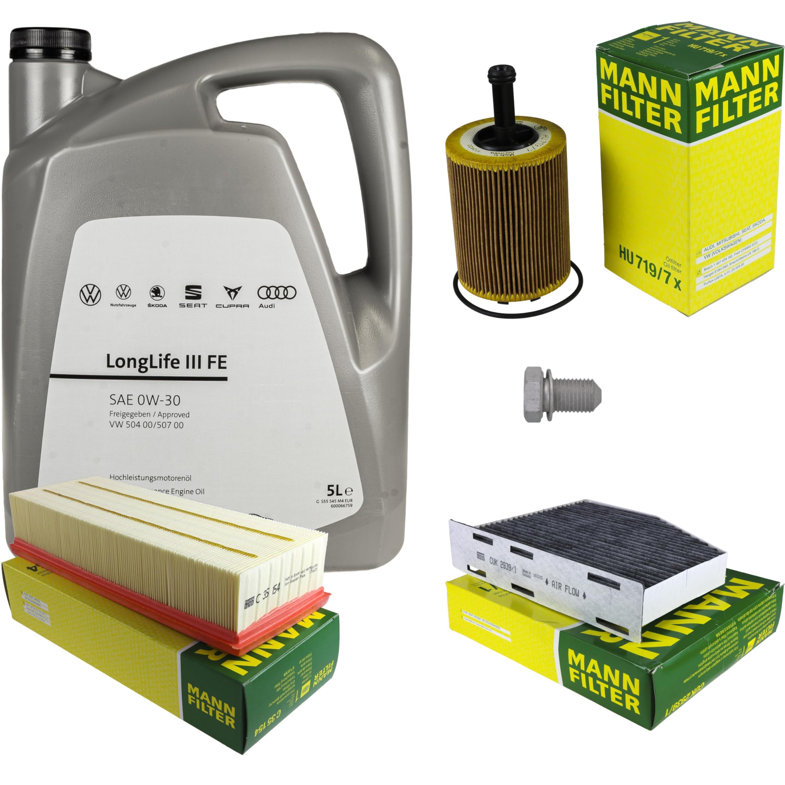 Pacchetto di ispezione pacchetto di manutenzione filtro con 5 l 0W-30 olio motore LongLife 3 FE, filtro dell'olio, filtro dell'aria abitacolo (carbone attivo) vite di scarico dell'olio