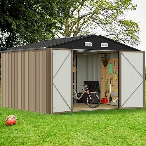 GUNJI 10 x 8 FT Shed Outdoor Storage Shed Metal Garden Shed with Lockable Door Outside Waterproof Tool Shed for Backyard, Patio, Lawn (Brown)
