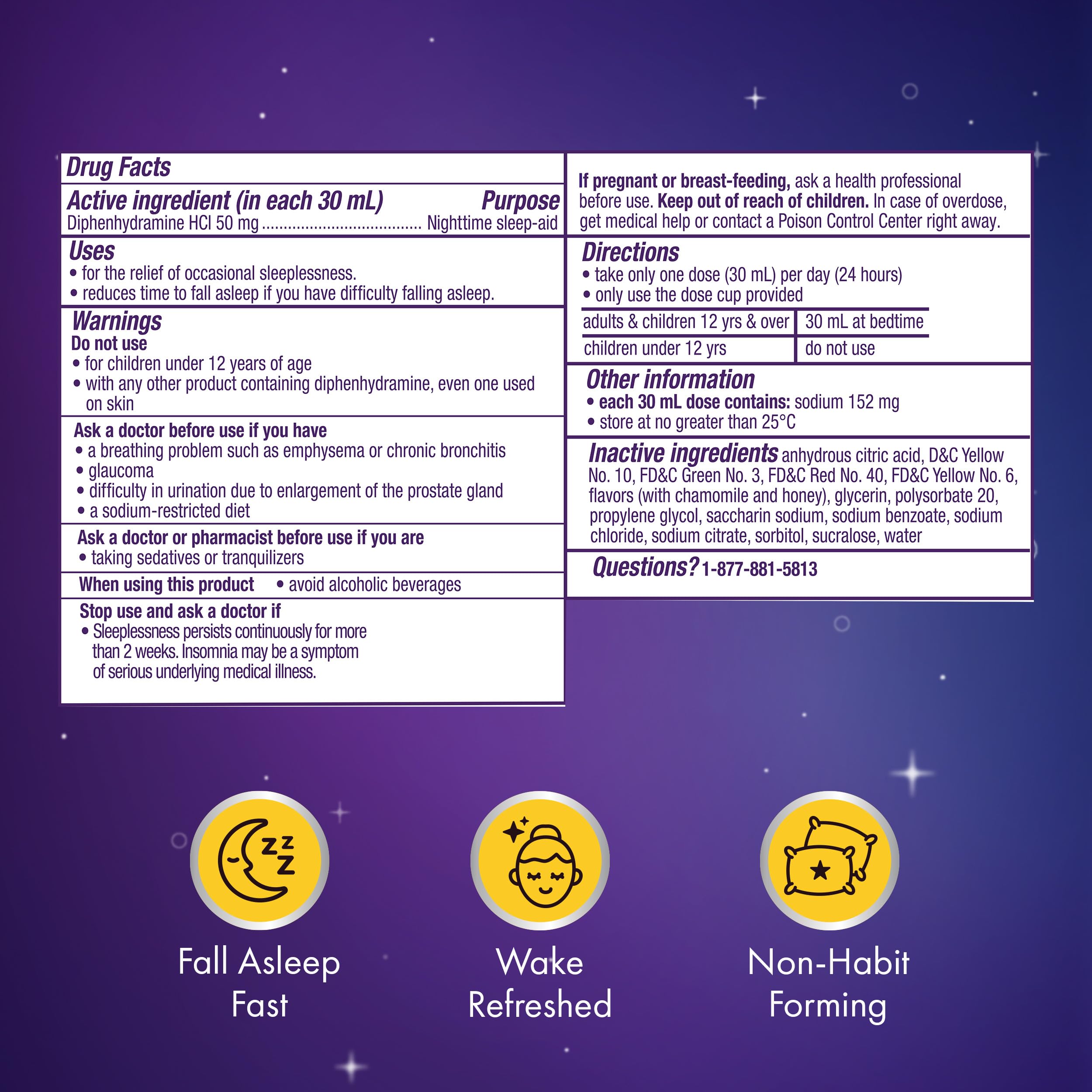 ZzzQuil Liquid Sleep Aid, Soothing Sleep, Diphenhydramine 50mg HCl, Chamomile Honey Flavored, Nighttime Sleep Aid Liquid, Sleep Aids for Adults, 2 Pack, 24 FL OZ — Amazon image 9