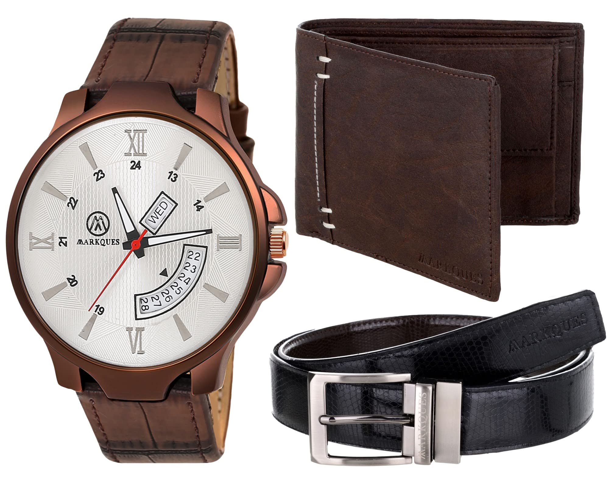 MARKQUES Day and Date Mens Watch, Leather Wallet and Belt 3 in 1 Combo Festival Gift Set for Men and Boys (PRV-77020902-MAX-02-OT-01) (B0B7L664P5) Amazon Price History, Amazon Price Tracker