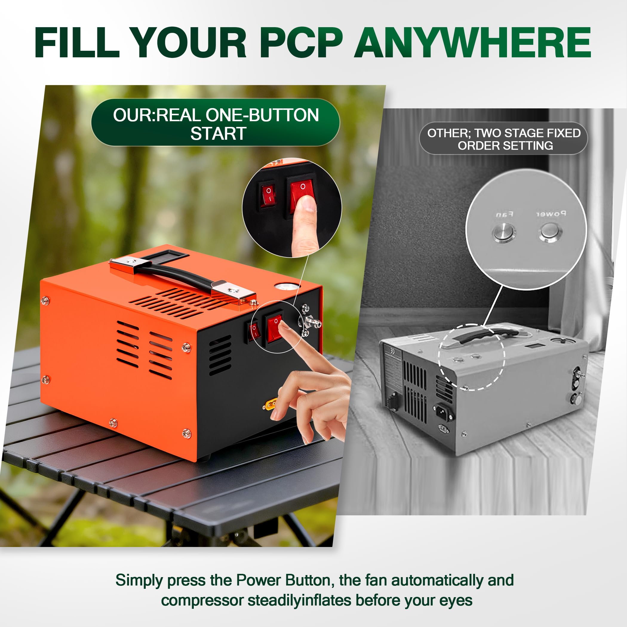 TUXING Compresor de aire PCP de 300 bar, portátil de 4500 psi/30 Mpa, conector rápido de 8 mm compatible con pistola de aire PCP con separador de agua/aceite, adaptador de corriente integrado (batería