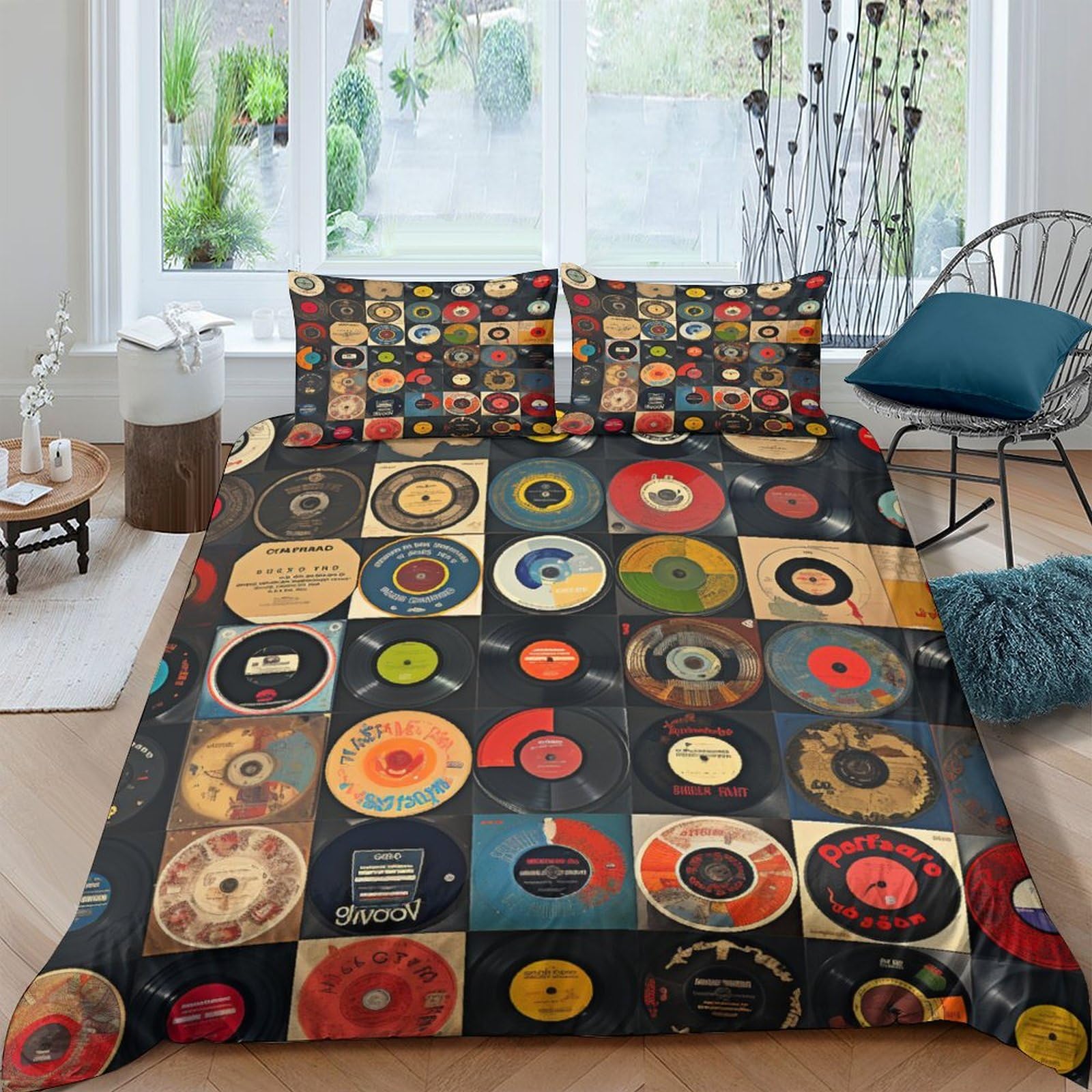 Crjus Boys Style-1 Music Record Duvet Cover Bedding Set For Kids Soft Microfiber Quilt Cover 3 Piece Set With Zipper Closure Double（200X200cm）