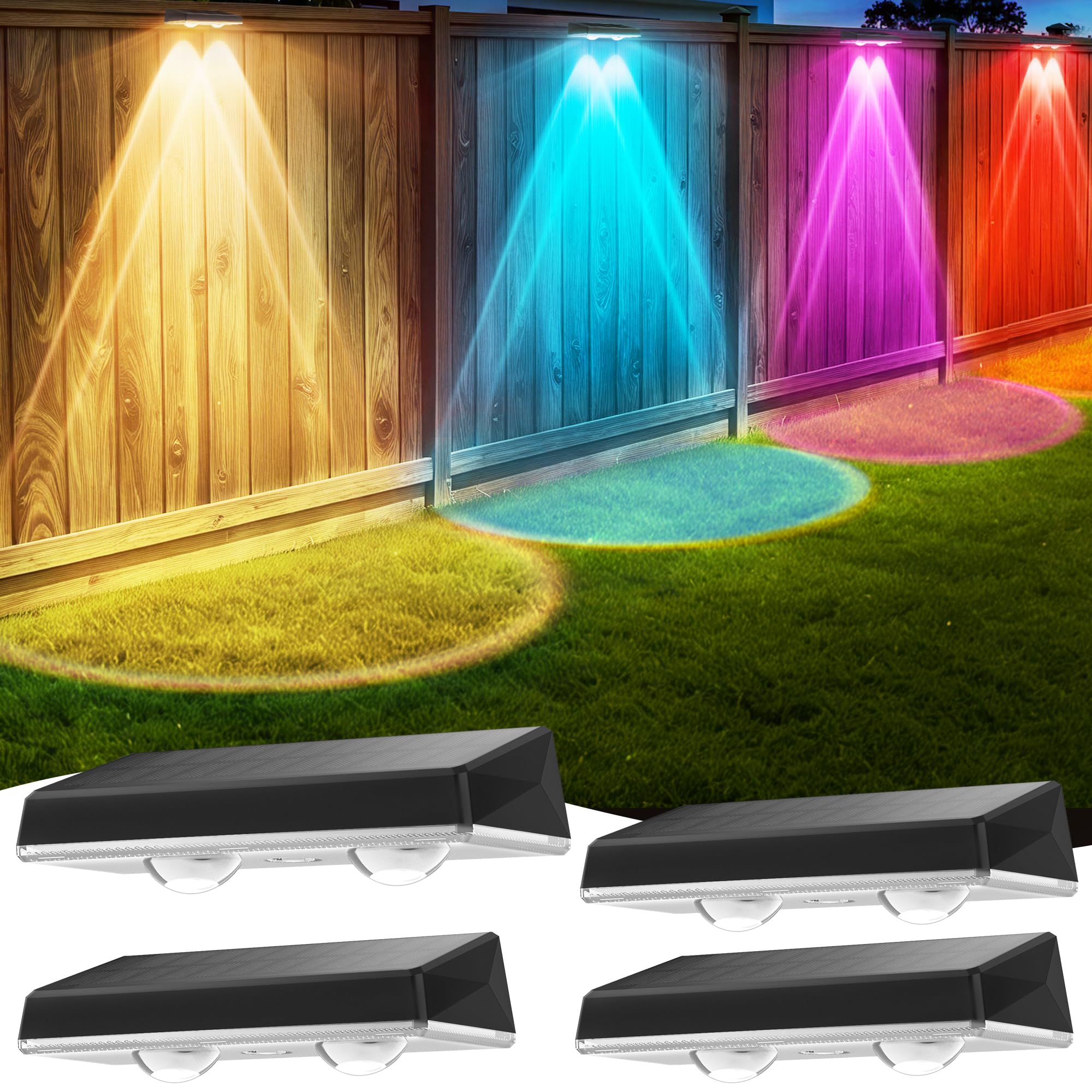 Applique da Esterno Solare Impermeabilità IP67, 4 Pezzi Luce Solare LED Esterno RGB con 8 Modalità Lampade Solari da Esterno per Cortile, Giardino e Recinzione