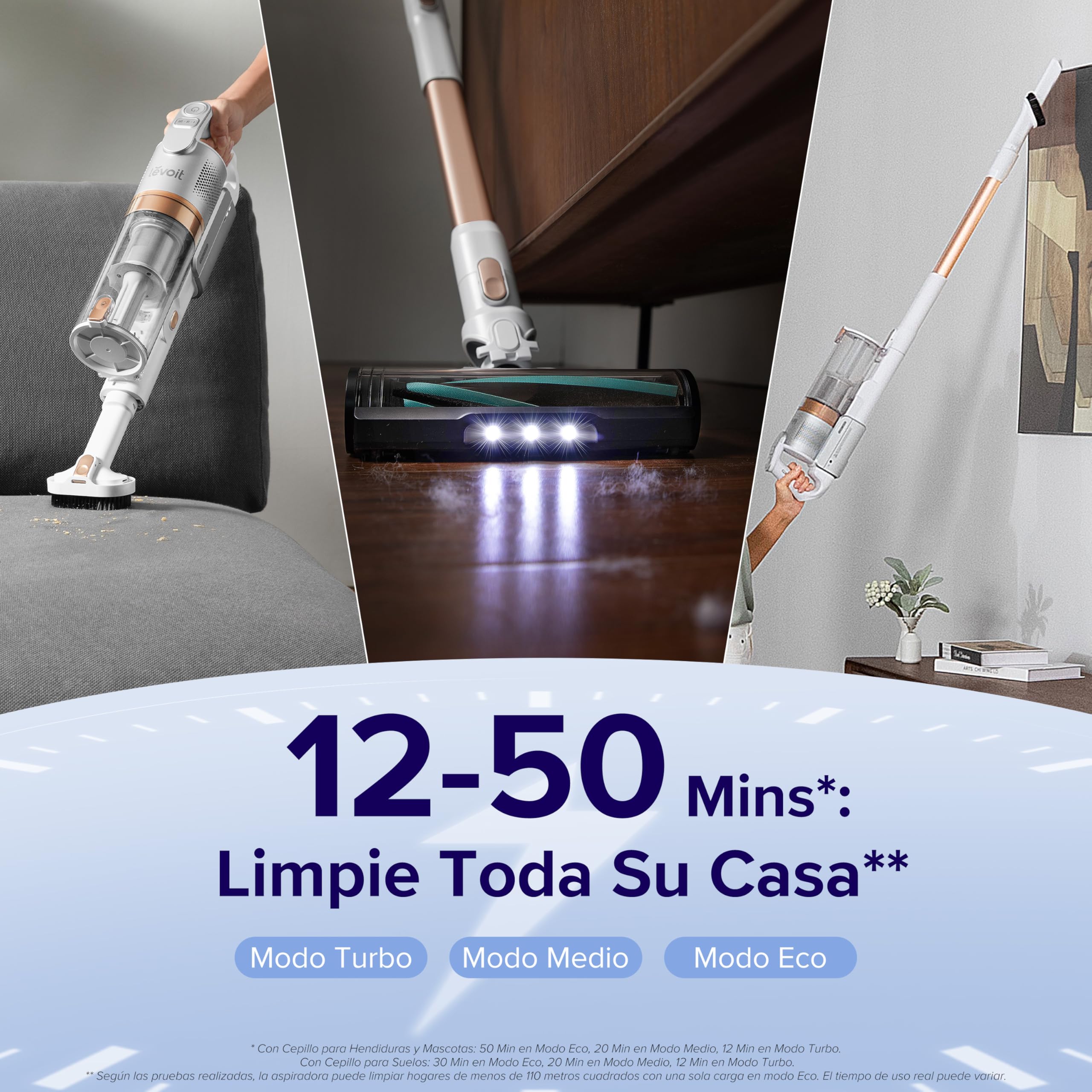 LEVOIT Aspiradora sin Cable, 4 en 1 Aspirador Escoba con Tecnología Antienredos, 3 Modos y hasta 50Min, 99,9% de Filtración, Ligero y Luz LED, Potente para Pelo de Mascotas, Polvo, Suelos Duros